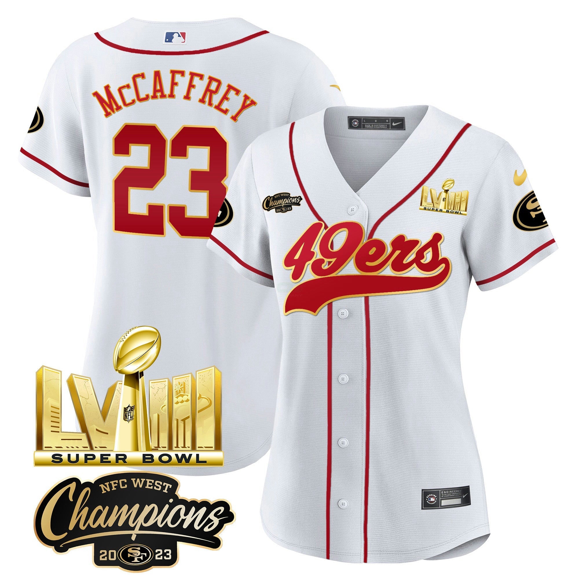 Camisa NFL Women’s NFC West Champions & Super Bowl LVIII Dourada Patch Jersey