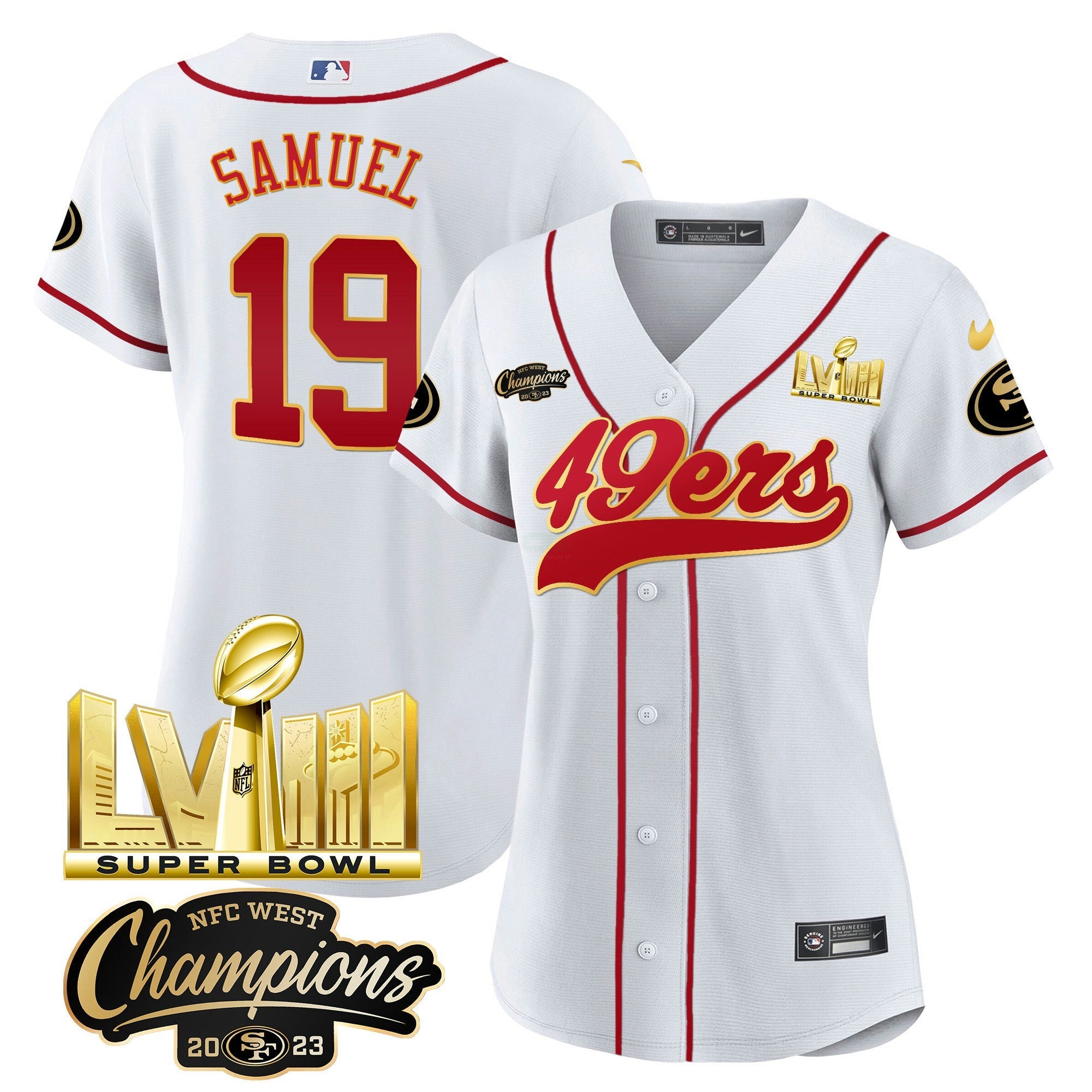 Camisa NFL Women’s NFC West Champions & Super Bowl LVIII Dourada Patch Jersey