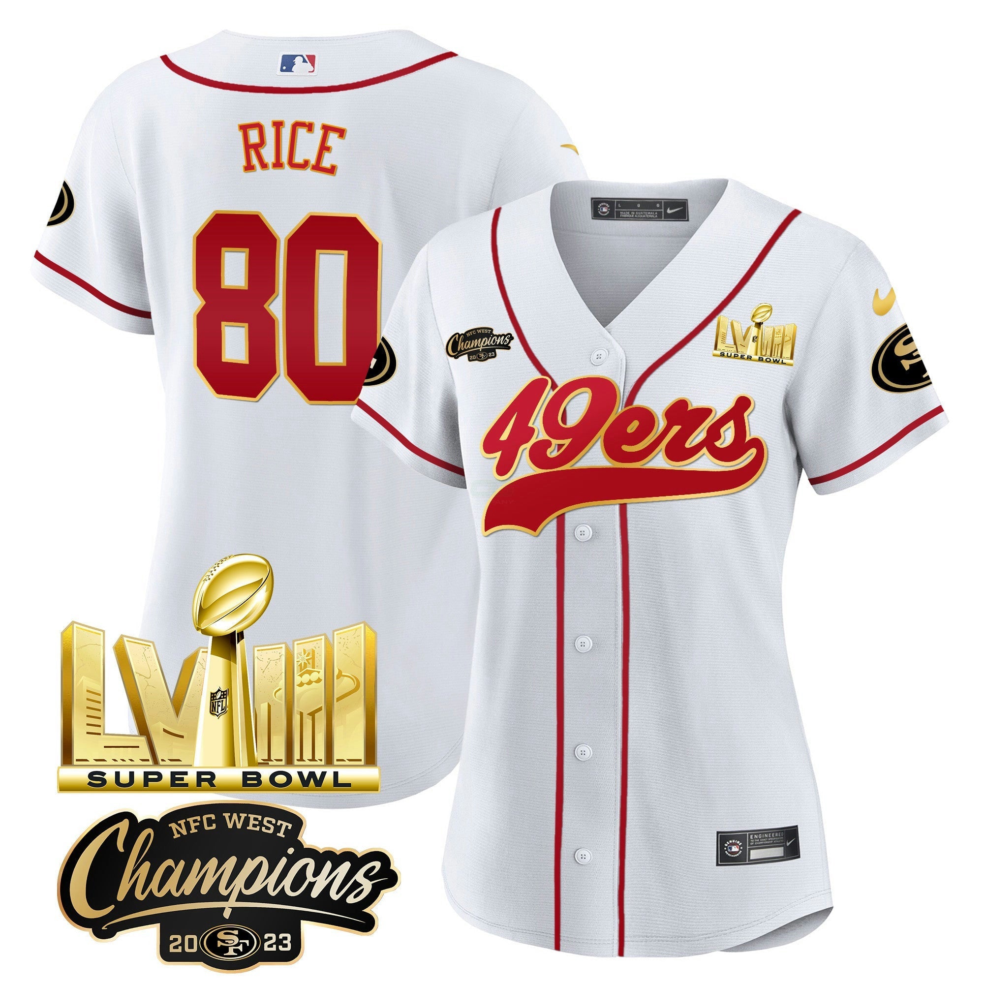 Camisa NFL Women’s NFC West Champions & Super Bowl LVIII Dourada Patch Jersey