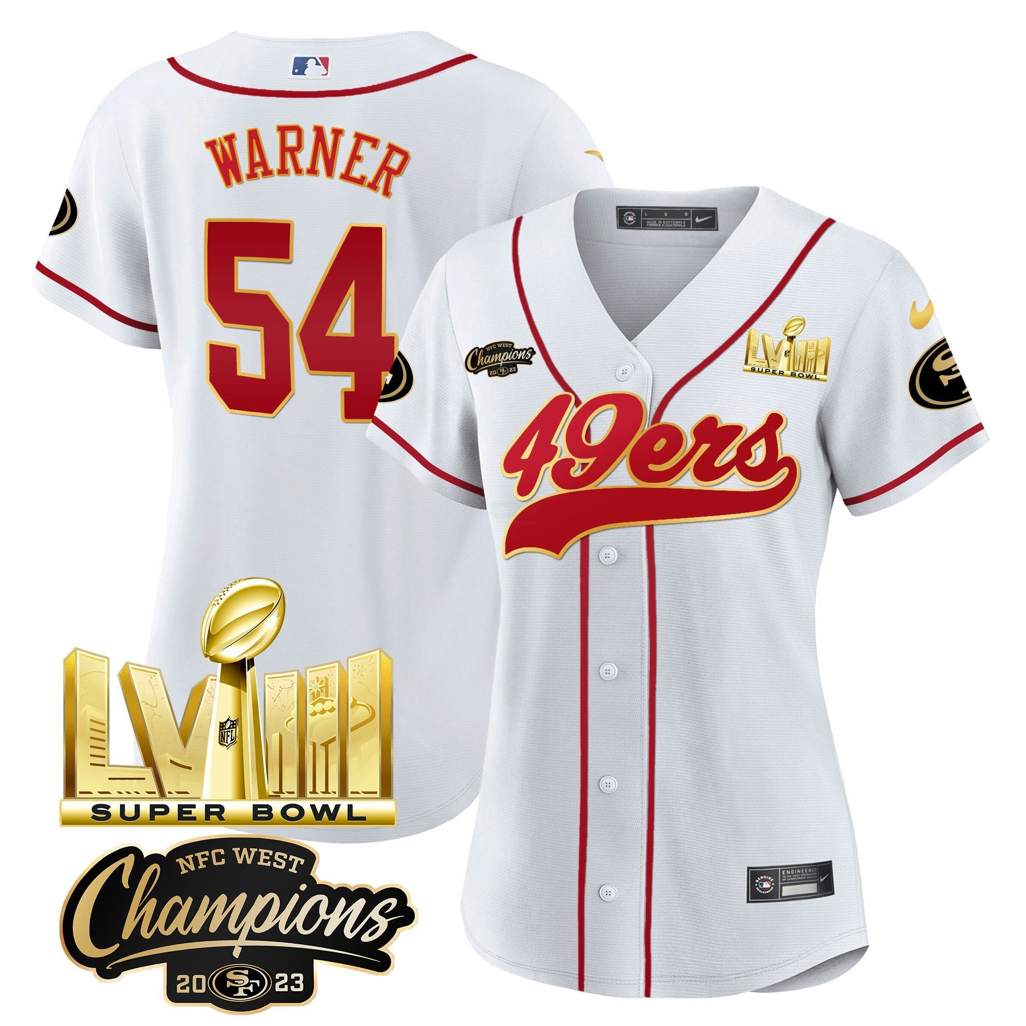 Camisa NFL Women’s NFC West Champions & Super Bowl LVIII Dourada Patch Jersey