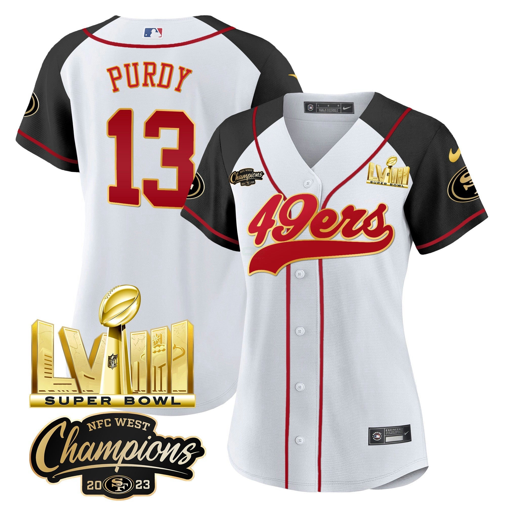 Camisa NFL Women’s NFC West Champions & Super Bowl LVIII Dourada Patch Jersey
