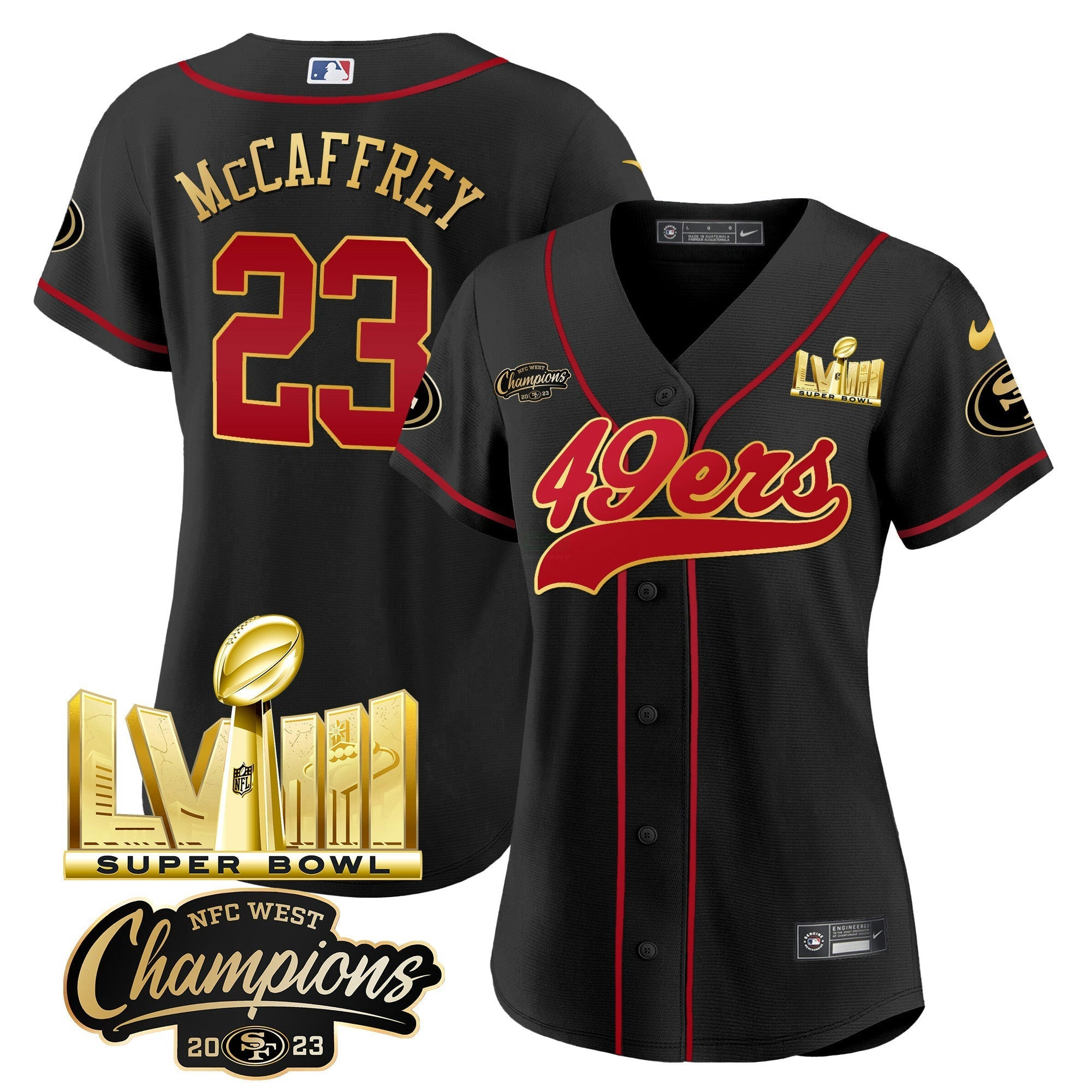 Camisa NFL Women’s NFC West Champions & Super Bowl LVIII Dourada Patch Jersey