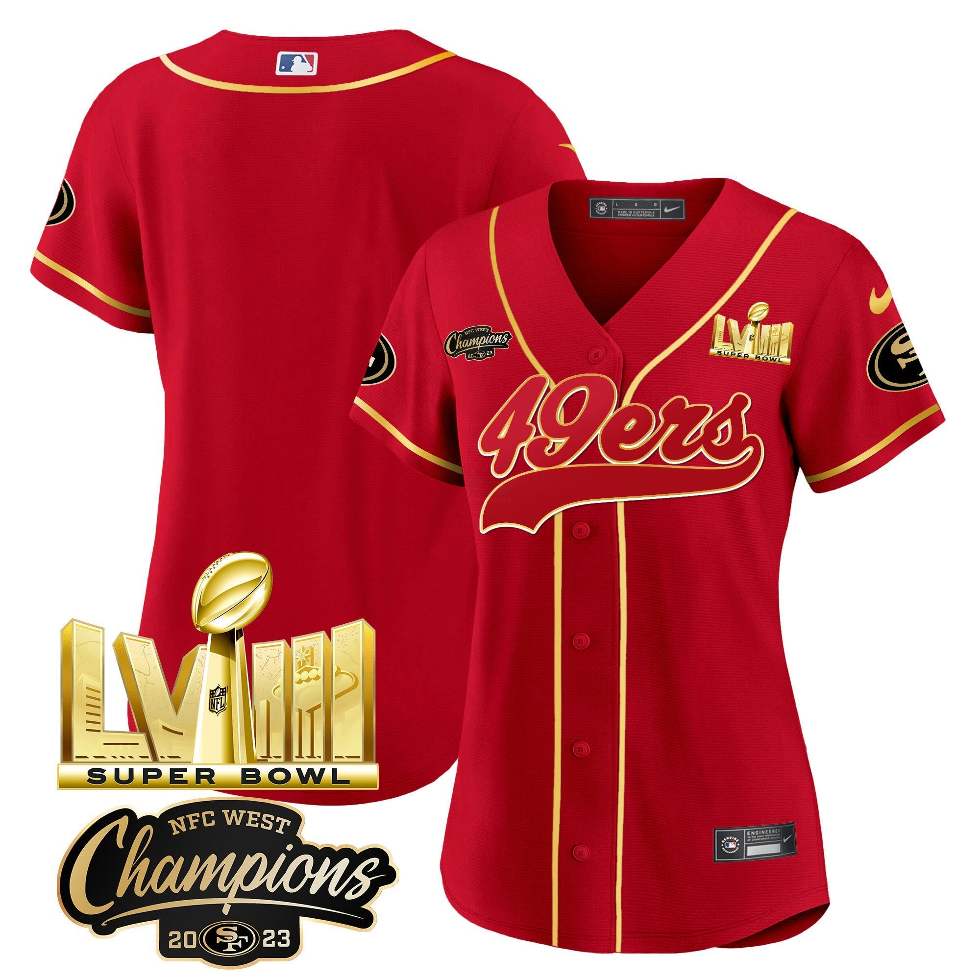 Camisa NFL Women’s NFC West Champions & Super Bowl LVIII Dourada Patch Jersey