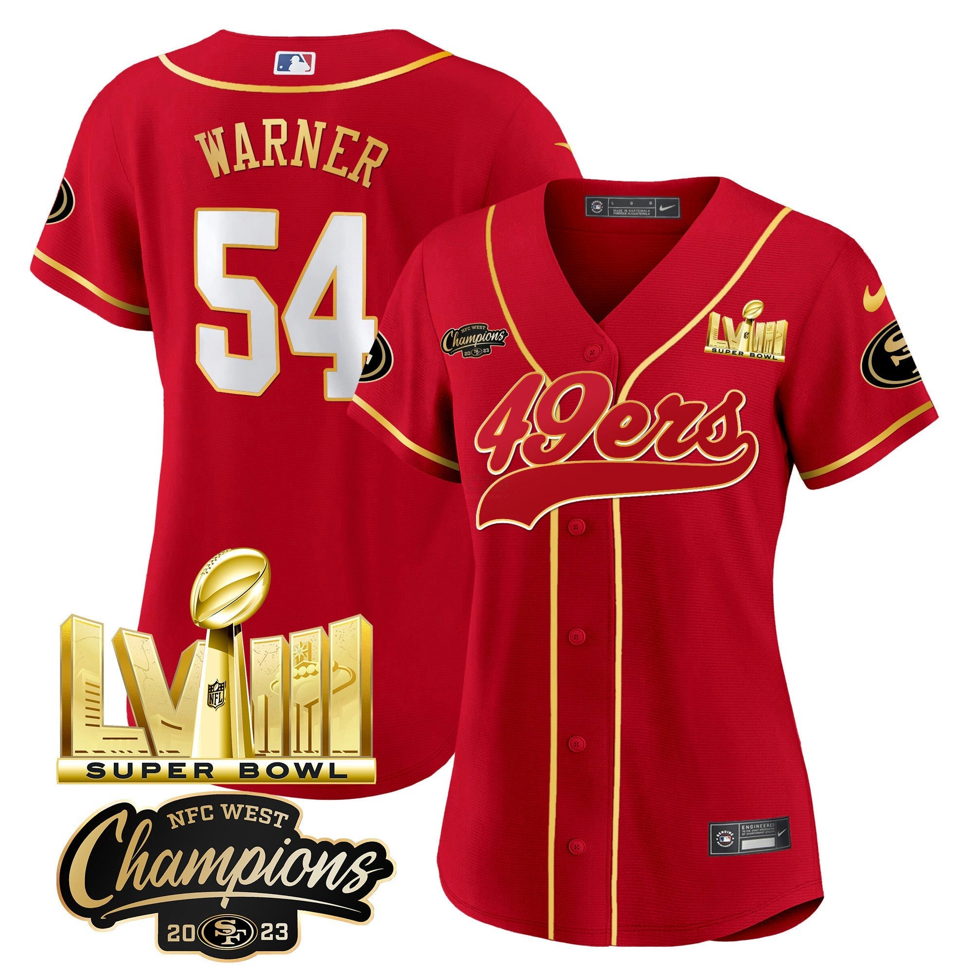 Camisa NFL Women’s NFC West Champions & Super Bowl LVIII Dourada Patch Jersey