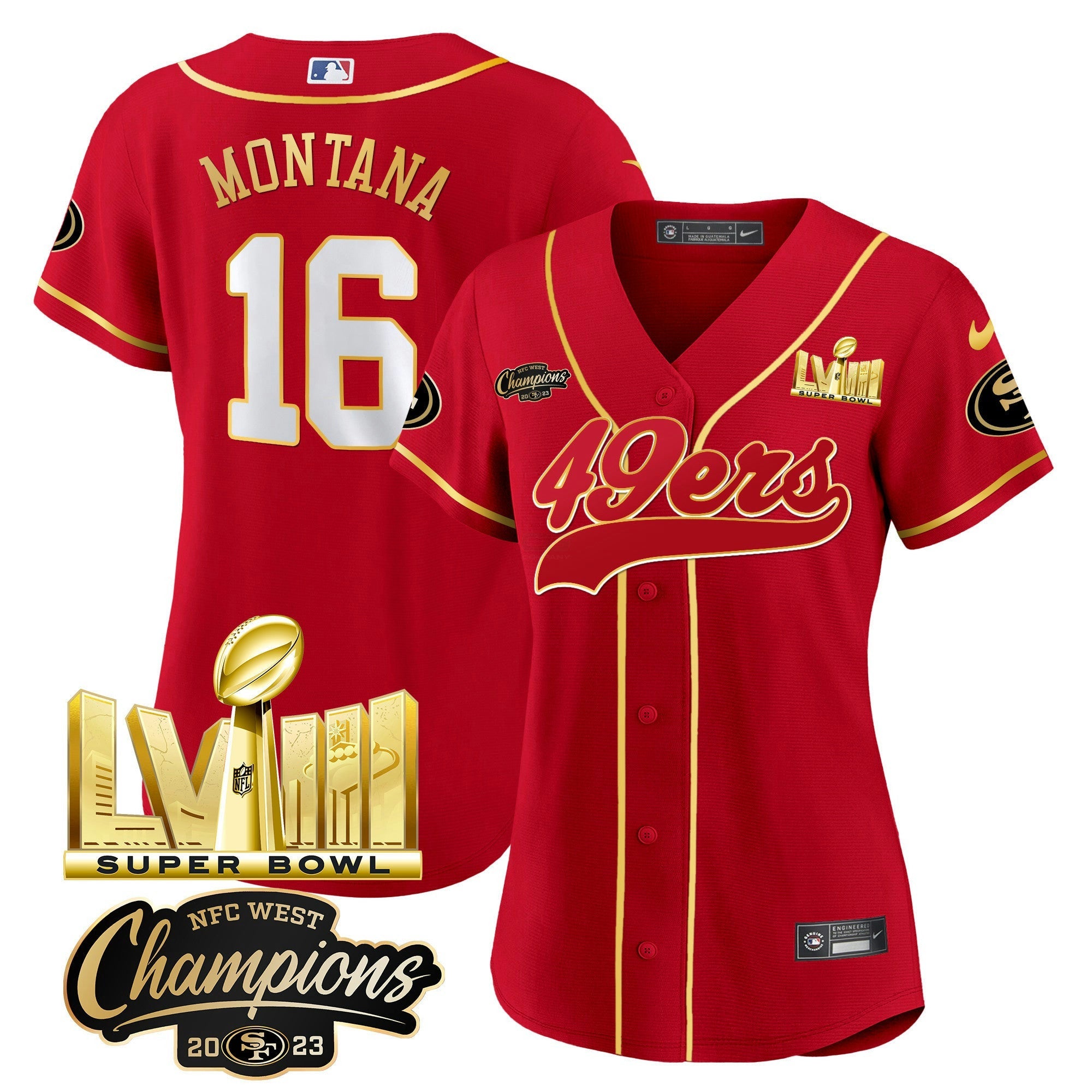 Camisa NFL Women’s NFC West Champions & Super Bowl LVIII Dourada Patch Jersey