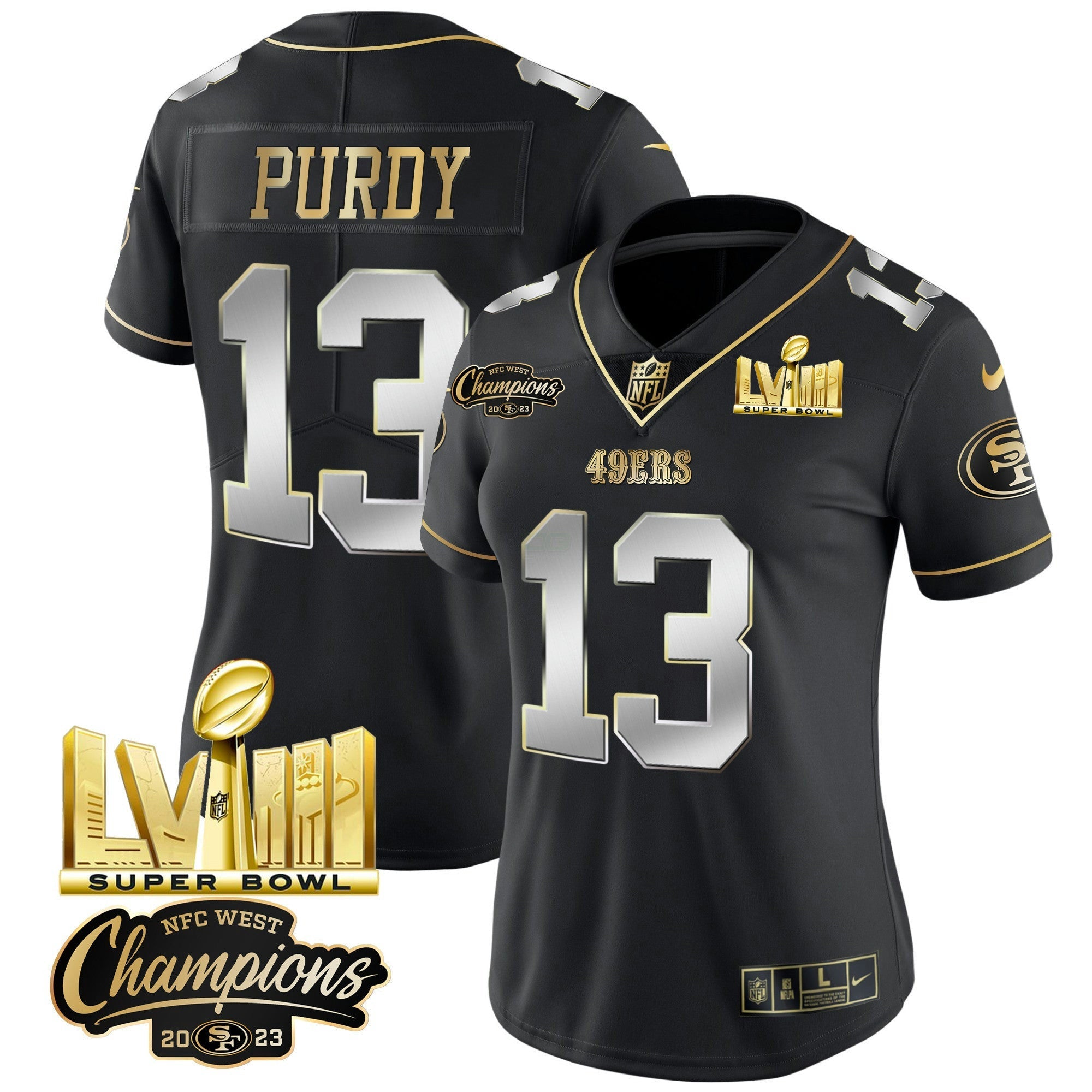 Camisa NFL Women’s NFC West Champions & Super Bowl LVIII Dourada Patch Vapor Jersey V2