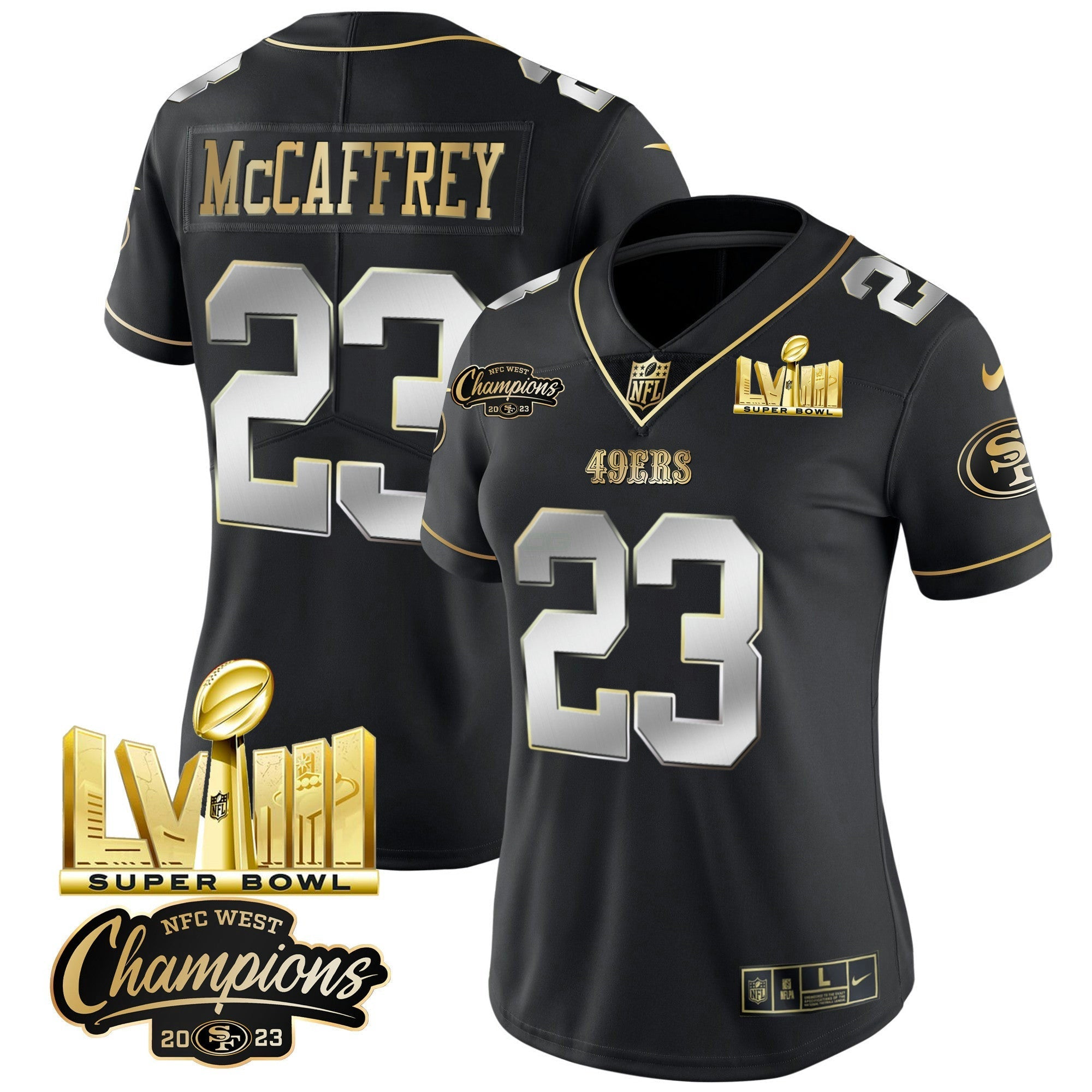 Camisa NFL Women’s NFC West Champions & Super Bowl LVIII Dourada Patch Vapor Jersey V2
