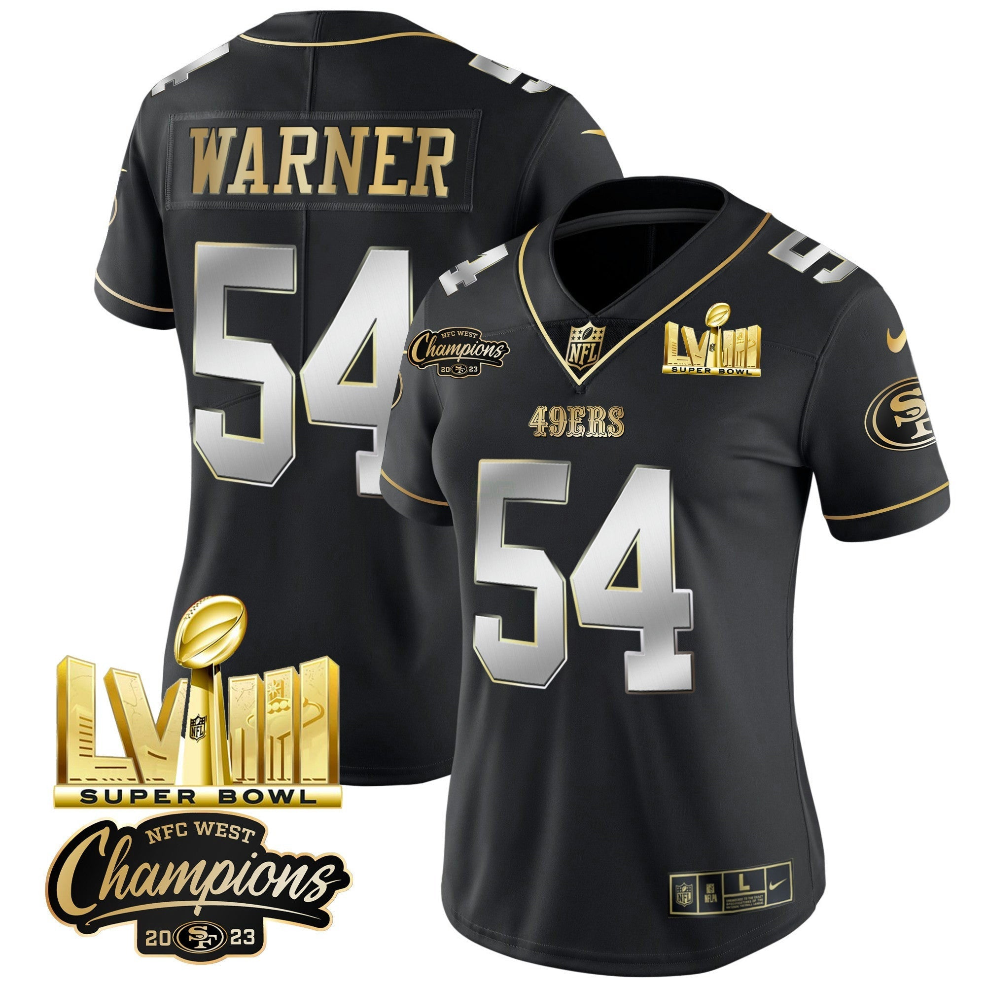 Camisa NFL Women’s NFC West Champions & Super Bowl LVIII Dourada Patch Vapor Jersey V2