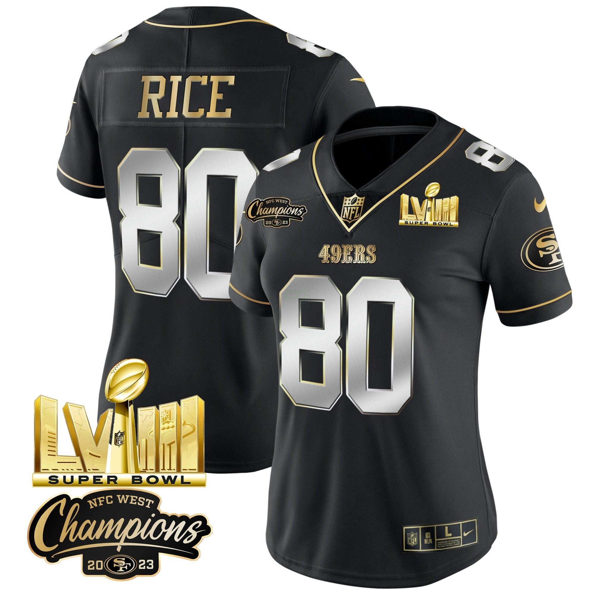 Camisa NFL Women’s NFC West Champions & Super Bowl LVIII Dourada Patch Vapor Jersey V2
