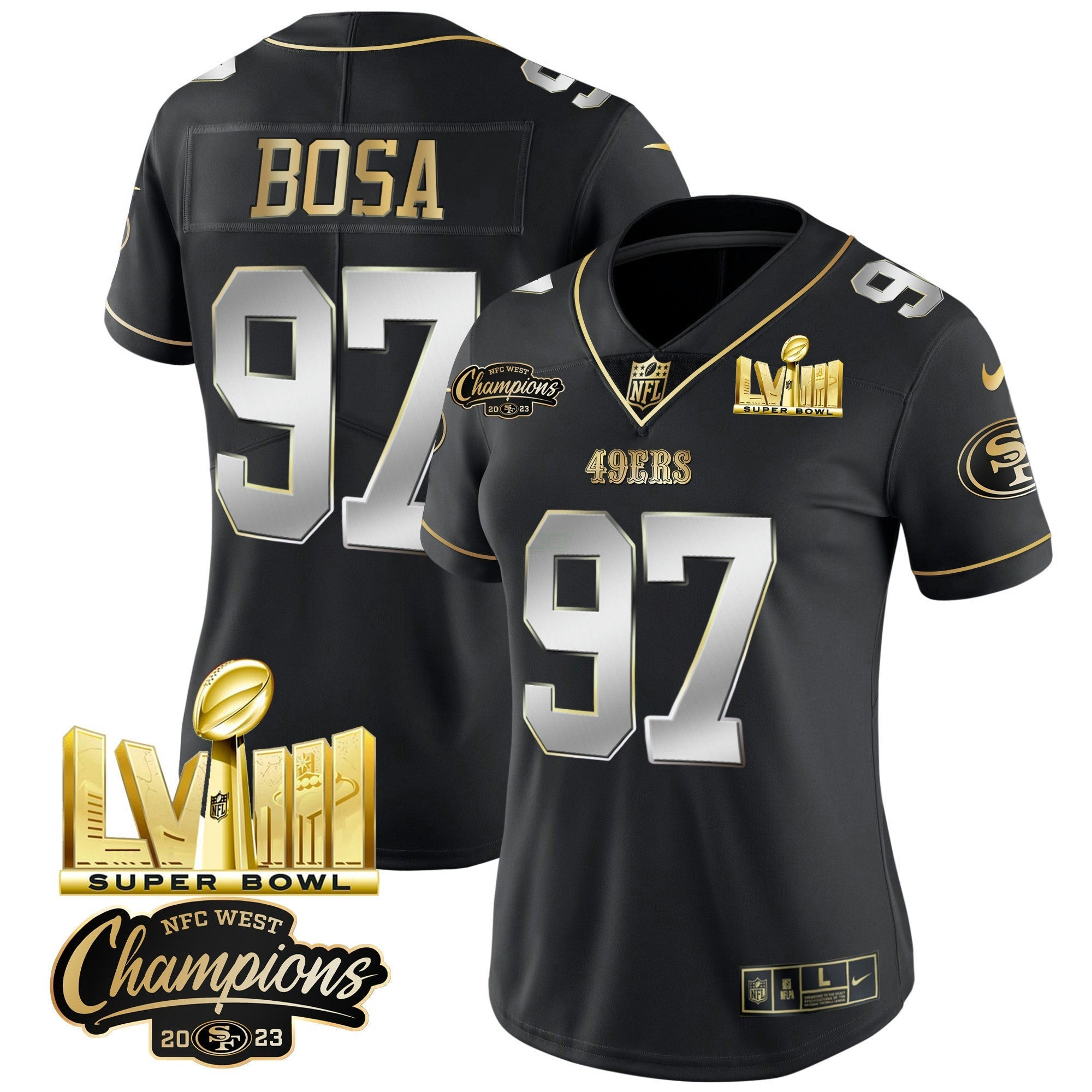 Camisa NFL Women’s NFC West Champions & Super Bowl LVIII Dourada Patch Vapor Jersey V2