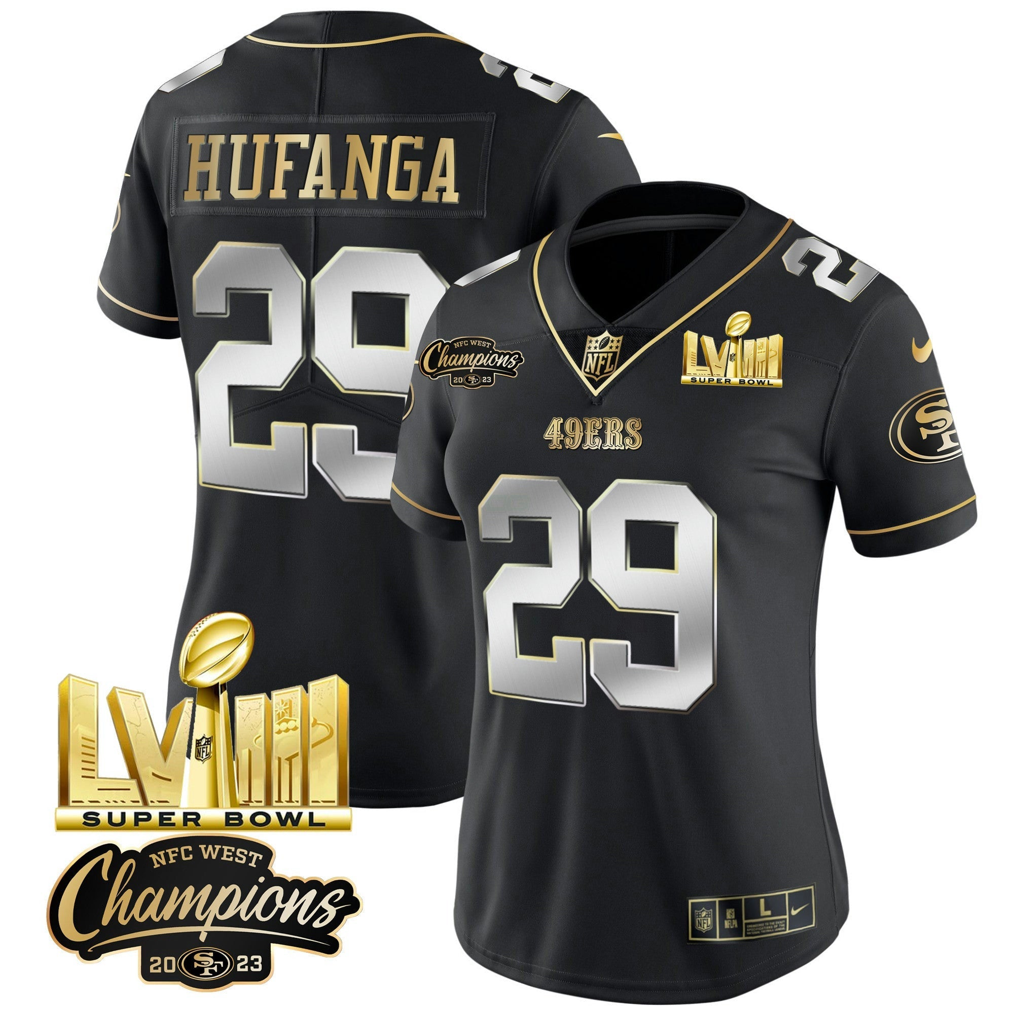 Camisa NFL Women’s NFC West Champions & Super Bowl LVIII Dourada Patch Vapor Jersey V2