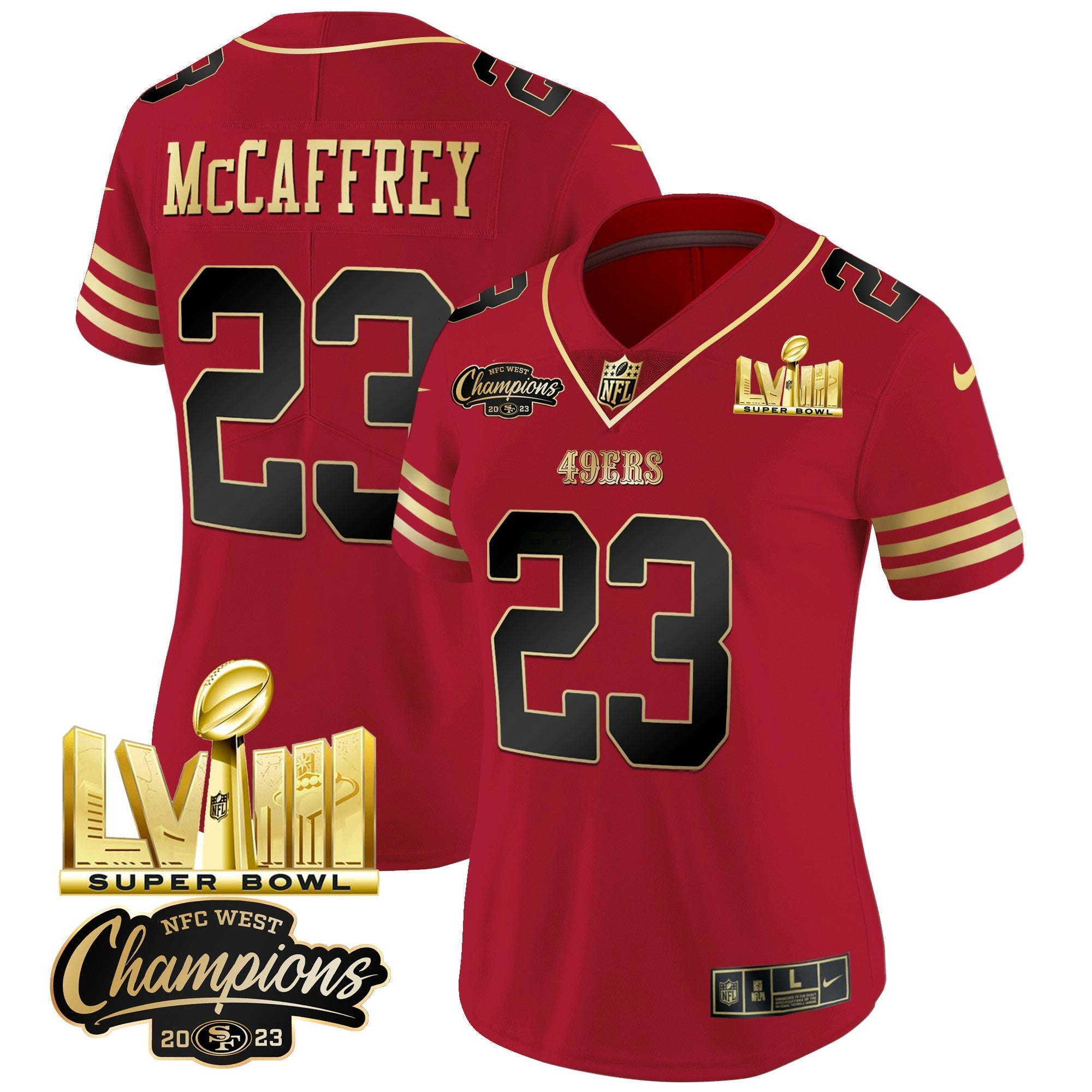 Camisa NFL Women’s NFC West Champions & Super Bowl LVIII Dourada Patch Vapor Jersey V2