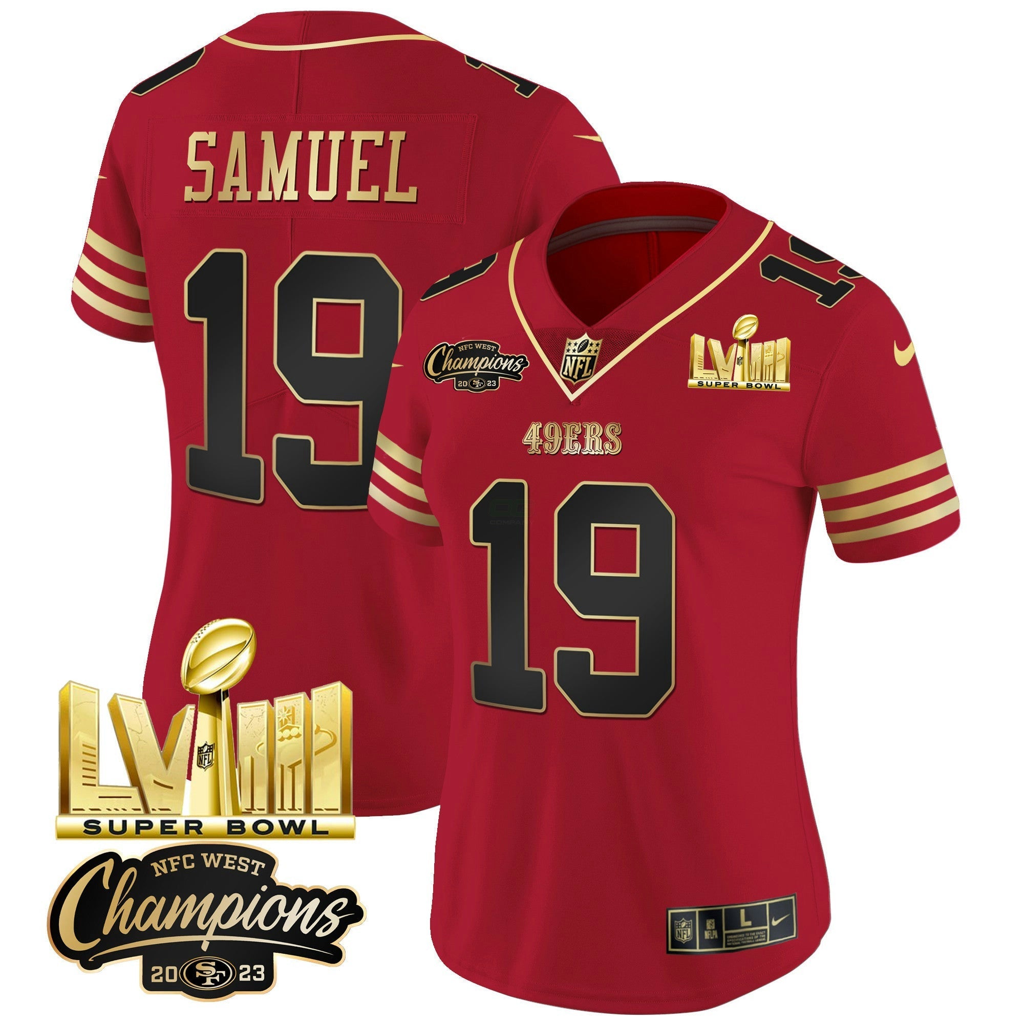 Camisa NFL Women’s NFC West Champions & Super Bowl LVIII Dourada Patch Vapor Jersey V2