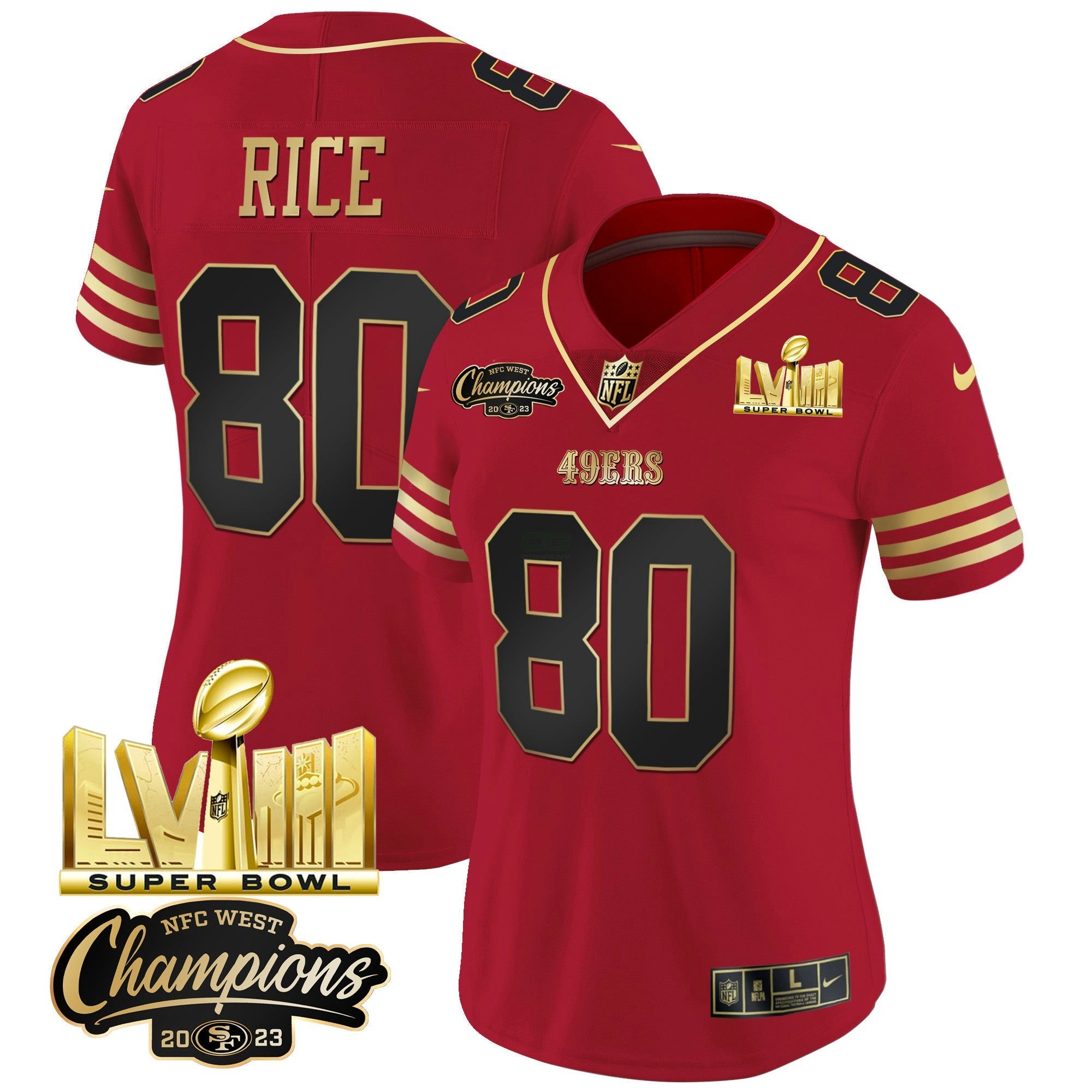 Camisa NFL Women’s NFC West Champions & Super Bowl LVIII Dourada Patch Vapor Jersey V2