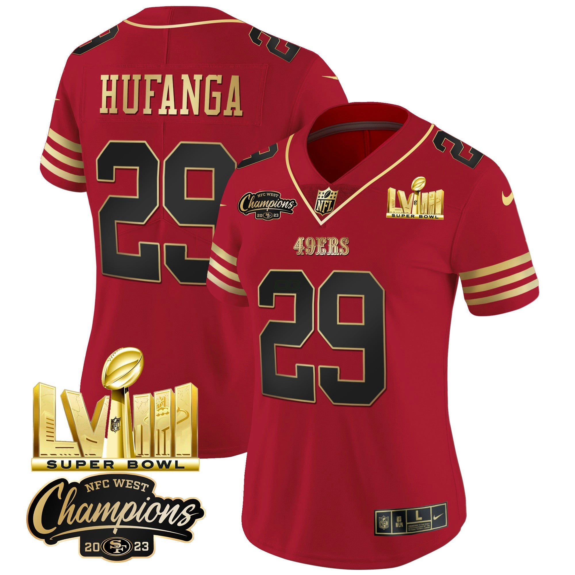 Camisa NFL Women’s NFC West Champions & Super Bowl LVIII Dourada Patch Vapor Jersey V2
