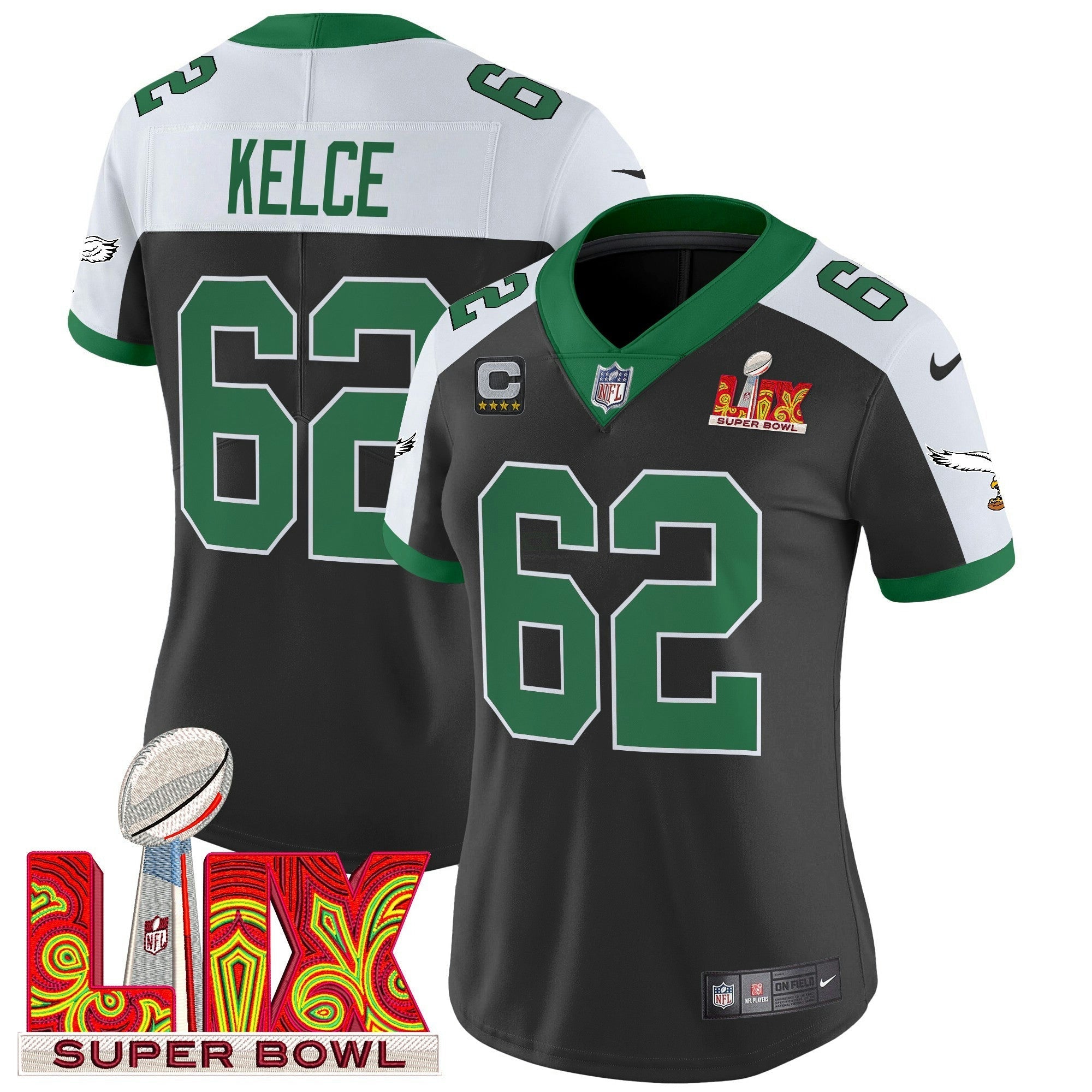 Camisa NFL Women’s Philadelphia Kelly Green Super Bowl LIX Patch Vapor Limited Jersey
