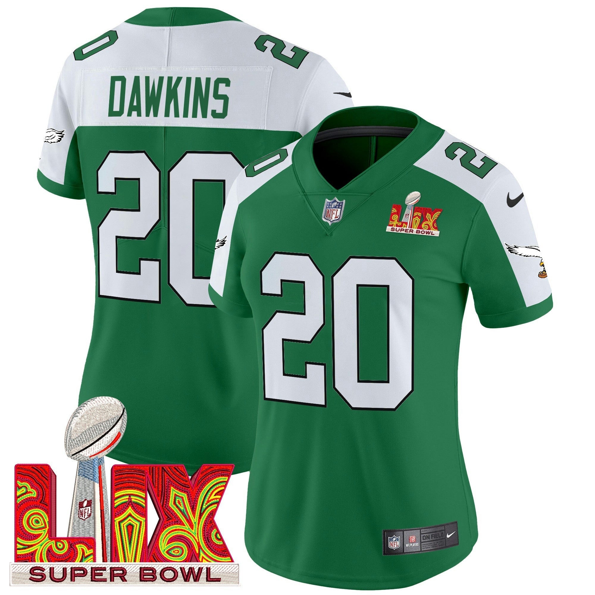 Camisa NFL Women’s Philadelphia Kelly Green Super Bowl LIX Patch Vapor Limited Jersey