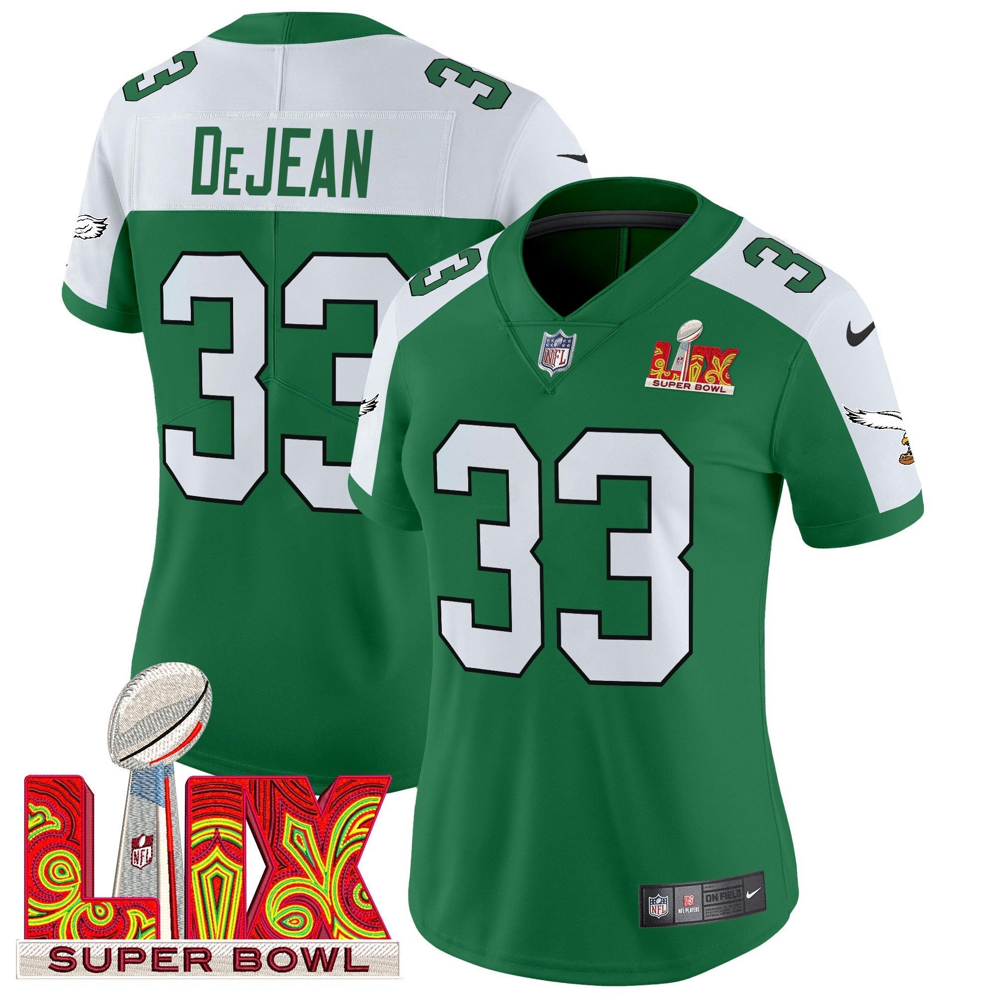 Camisa NFL Women’s Philadelphia Kelly Green Super Bowl LIX Patch Vapor Limited Jersey