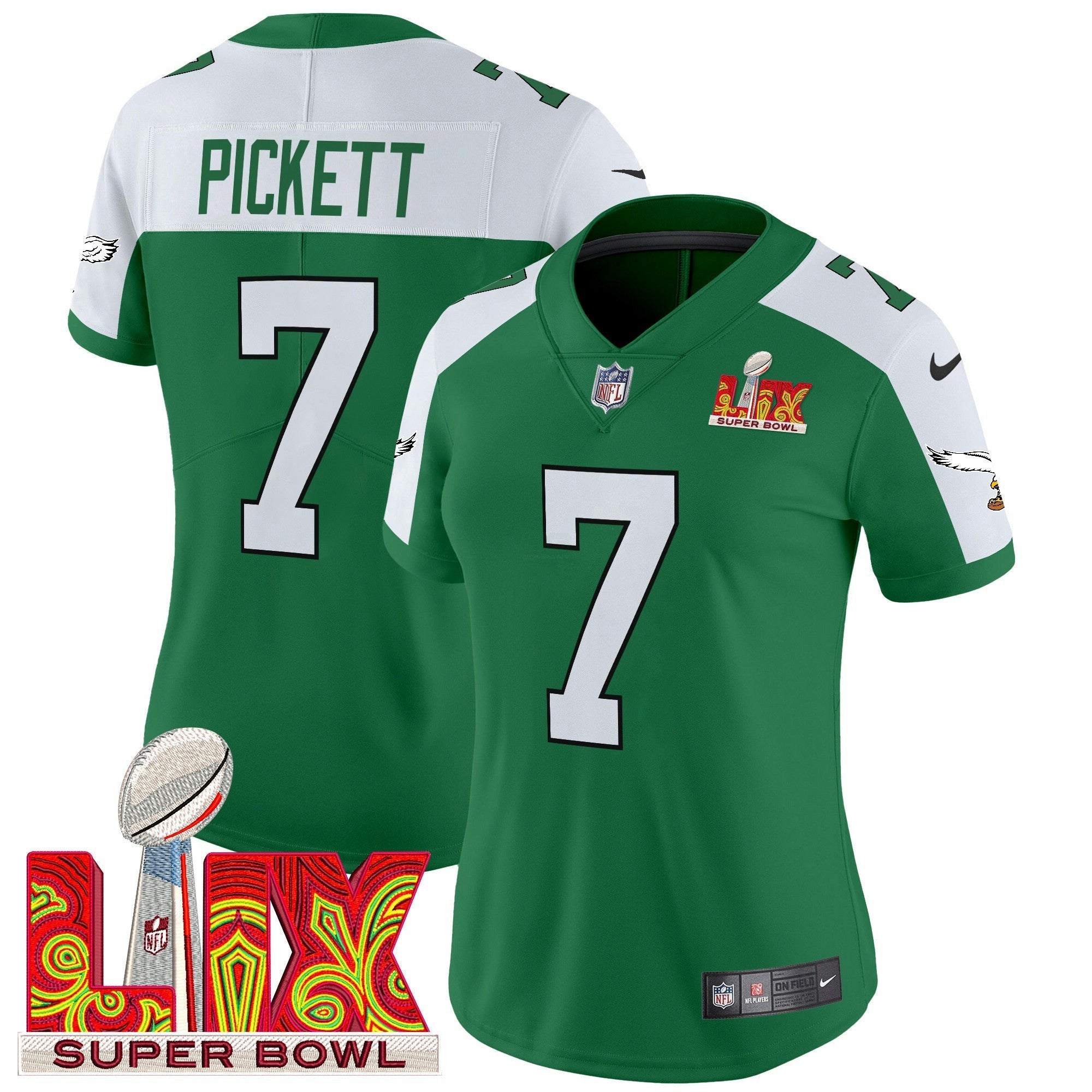 Camisa NFL Women’s Philadelphia Kelly Green Super Bowl LIX Patch Vapor Limited Jersey