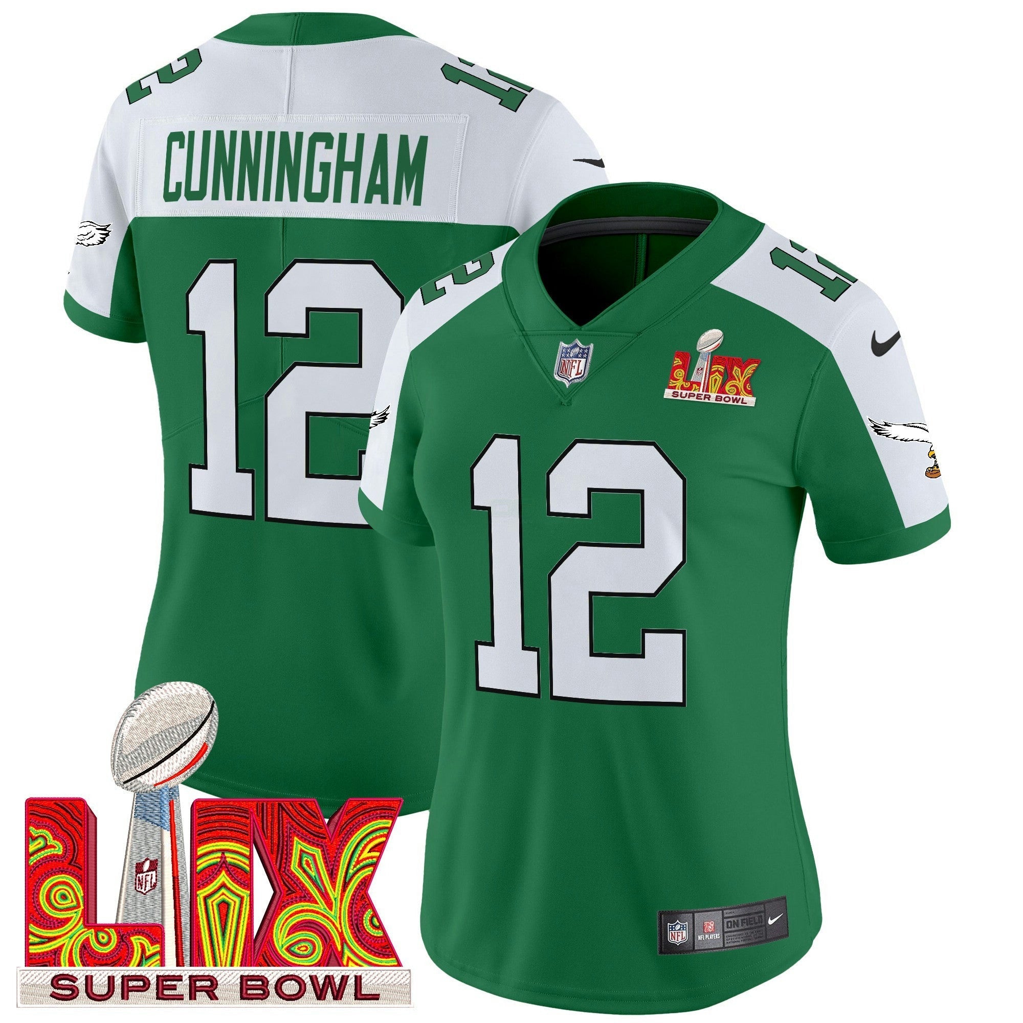 Camisa NFL Women’s Philadelphia Kelly Green Super Bowl LIX Patch Vapor Limited Jersey