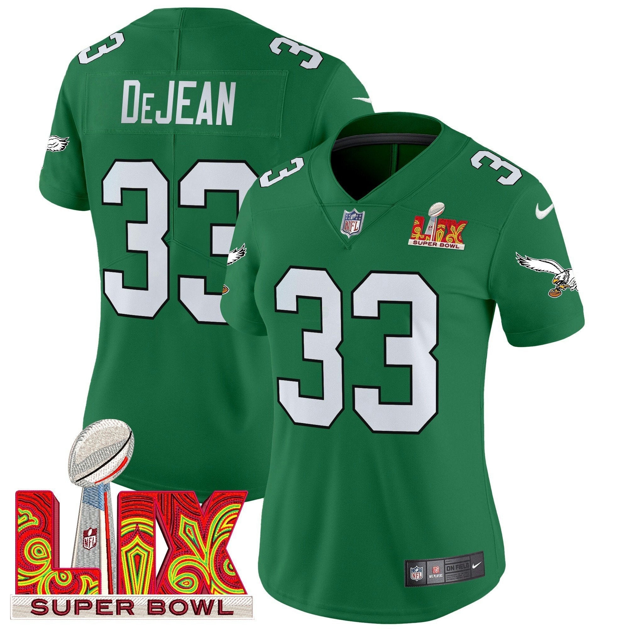 Camisa NFL Women’s Philadelphia Kelly Green Super Bowl LIX Patch Vapor Limited Jersey