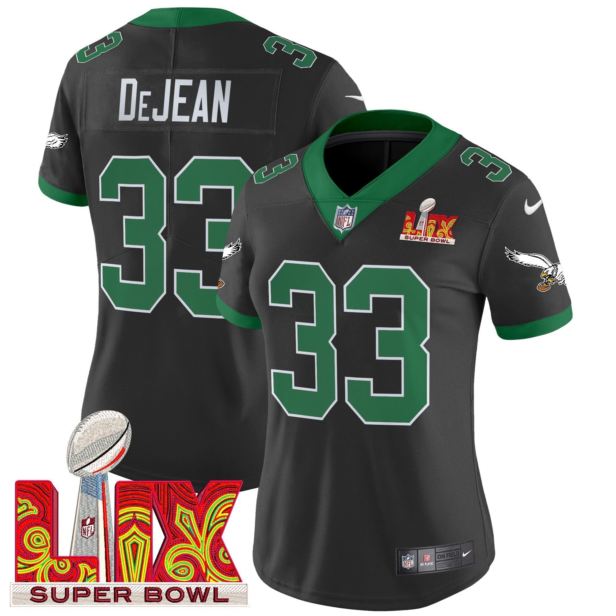 Camisa NFL Women’s Philadelphia Kelly Green Super Bowl LIX Patch Vapor Limited Jersey