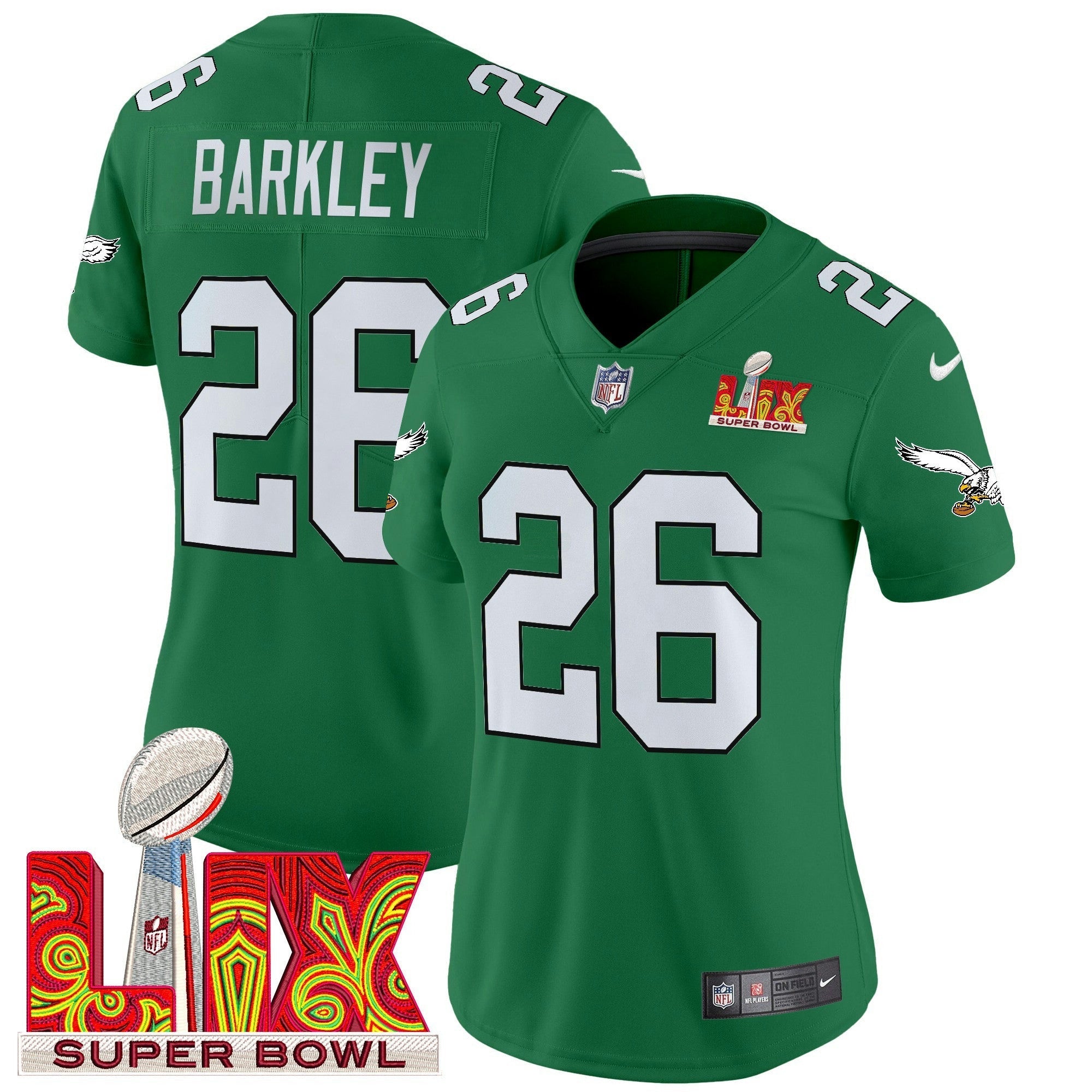 Camisa NFL Women’s Philadelphia Kelly Green Super Bowl LIX Patch Vapor Limited Jersey
