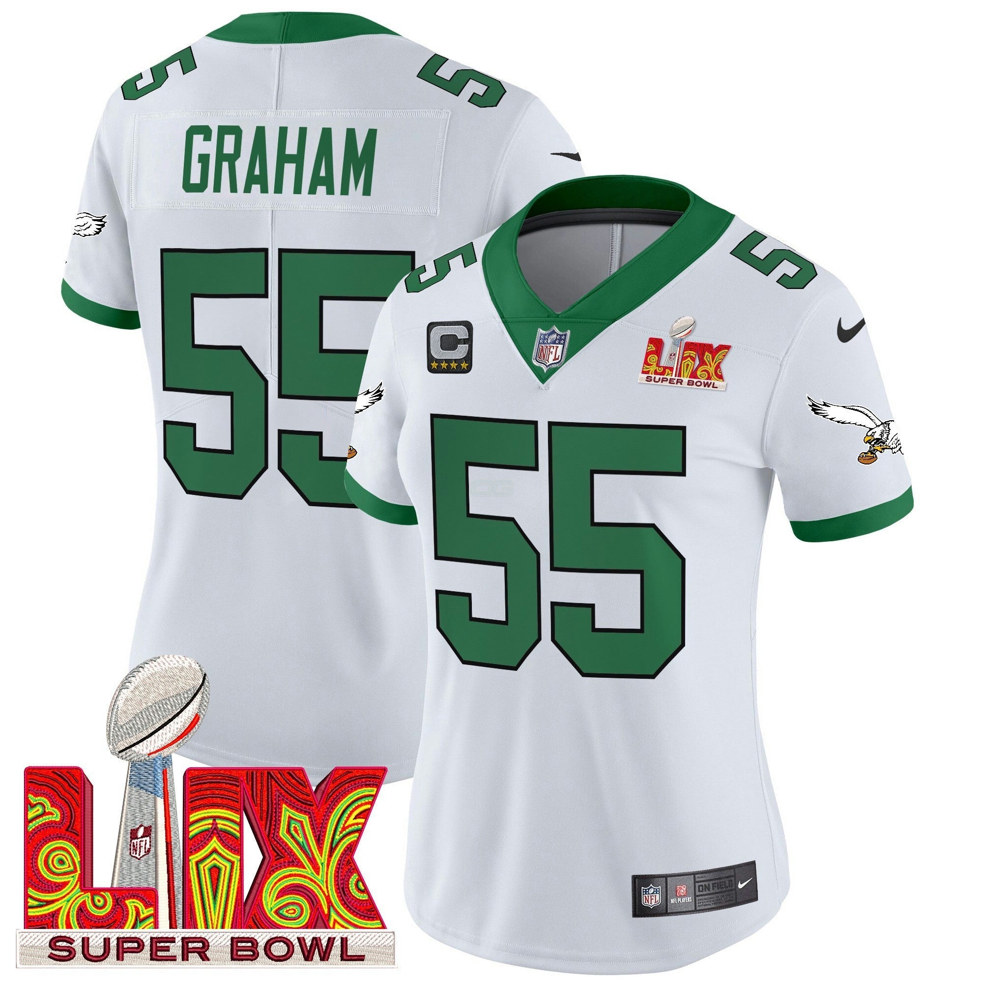 Camisa NFL Women’s Philadelphia Kelly Green Super Bowl LIX Patch Vapor Limited Jersey