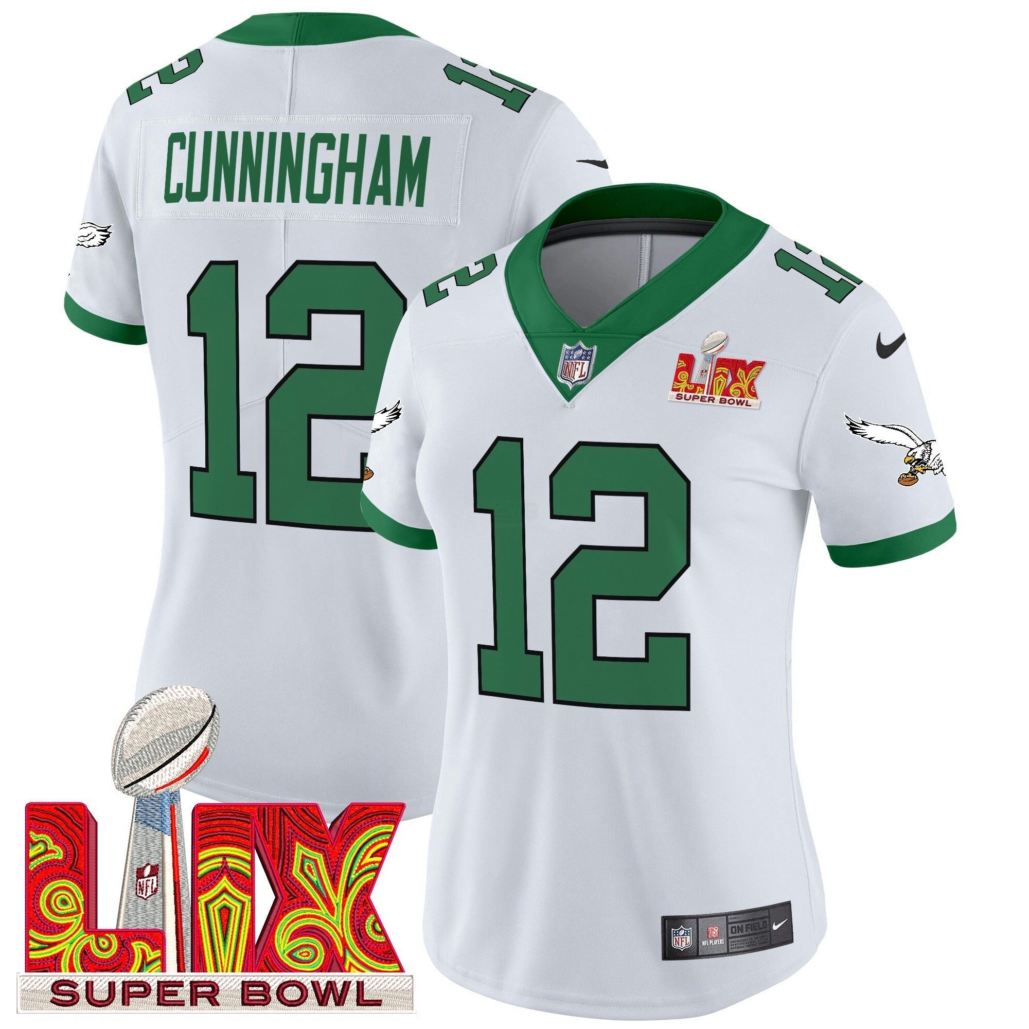 Camisa NFL Women’s Philadelphia Kelly Green Super Bowl LIX Patch Vapor Limited Jersey