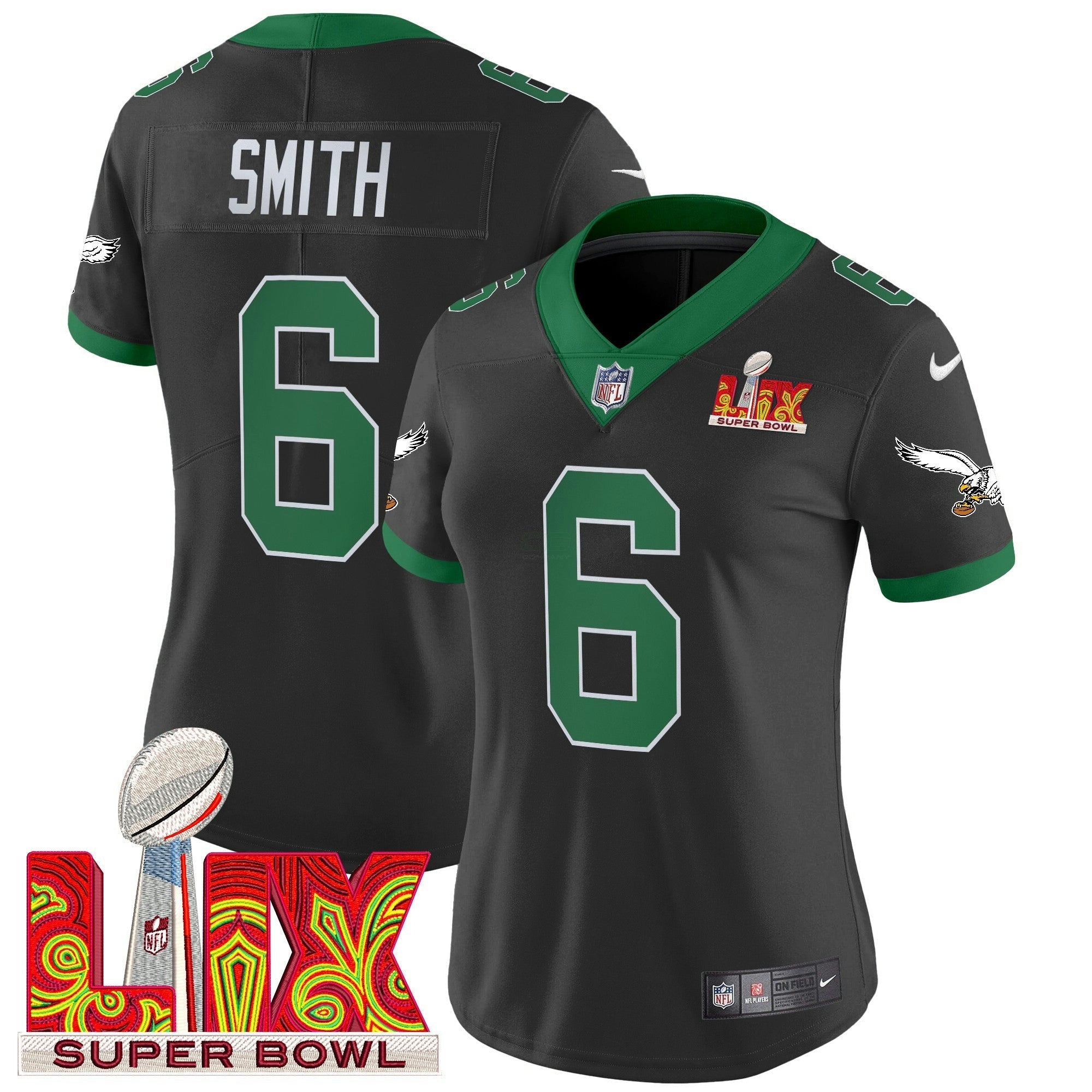 Camisa NFL Women’s Philadelphia Kelly Green Super Bowl LIX Patch Vapor Limited Jersey