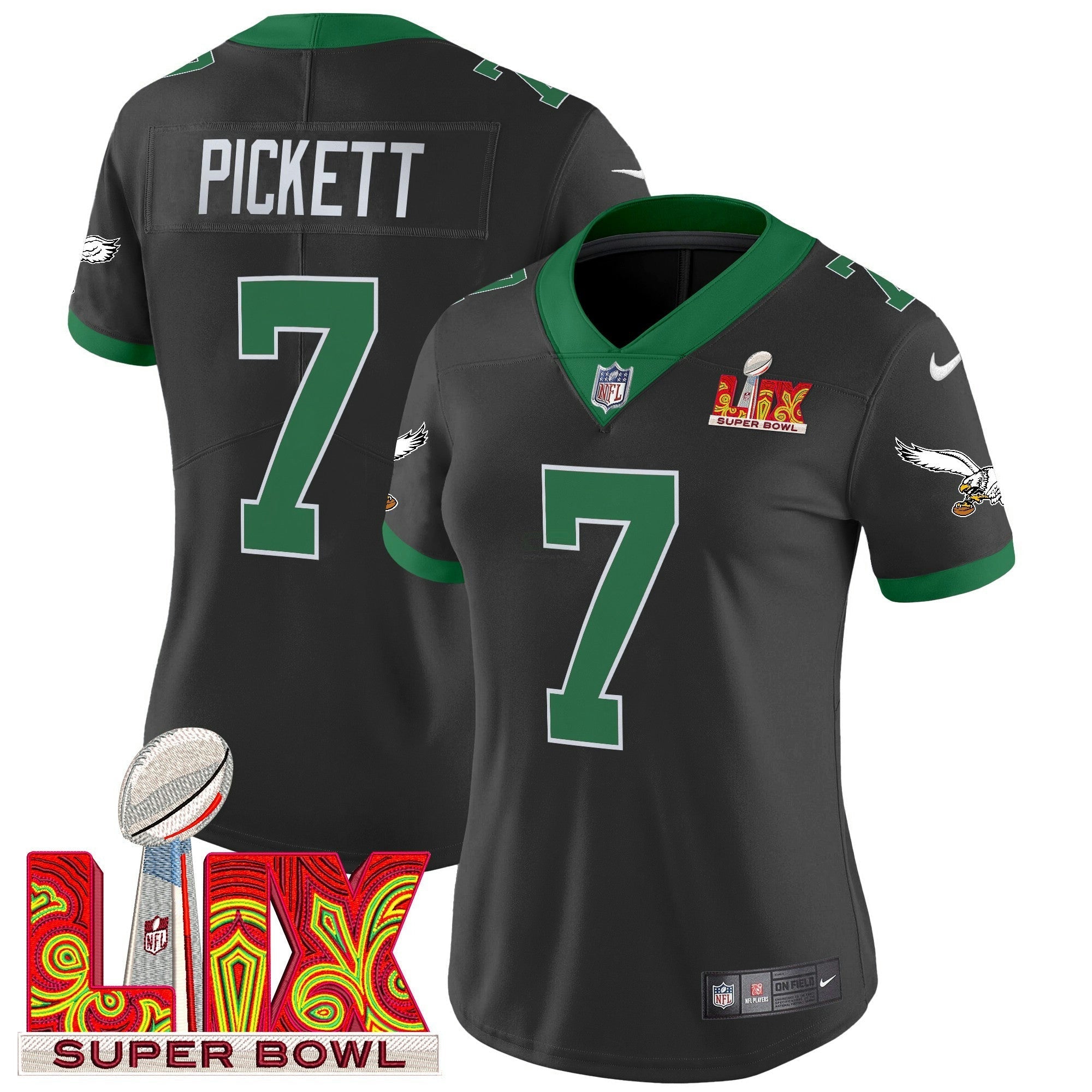 Camisa NFL Women’s Philadelphia Kelly Green Super Bowl LIX Patch Vapor Limited Jersey