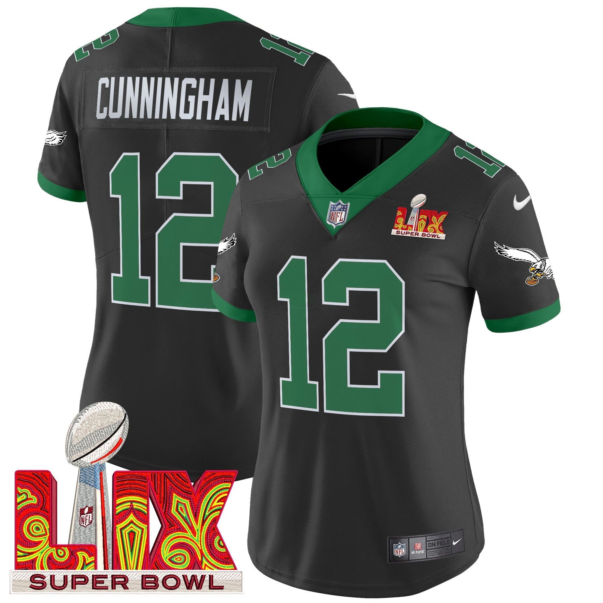 Camisa NFL Women’s Philadelphia Kelly Green Super Bowl LIX Patch Vapor Limited Jersey