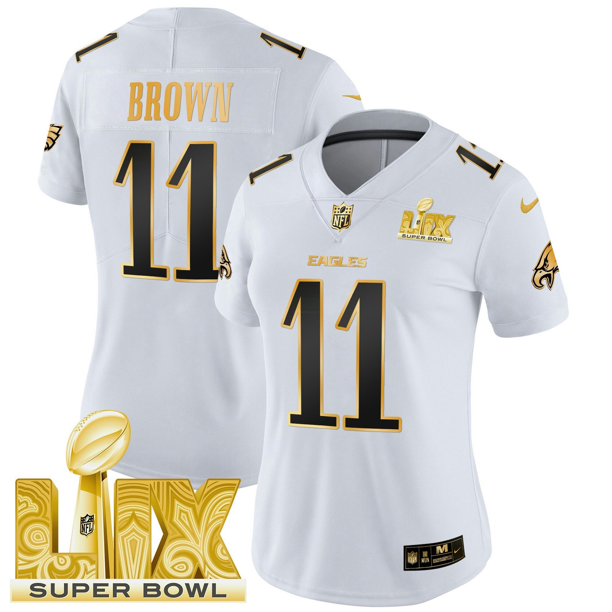 Camisa NFL Women’s Philadelphia Super Bowl LIX Patch Dourada Vapor Limited Jersey