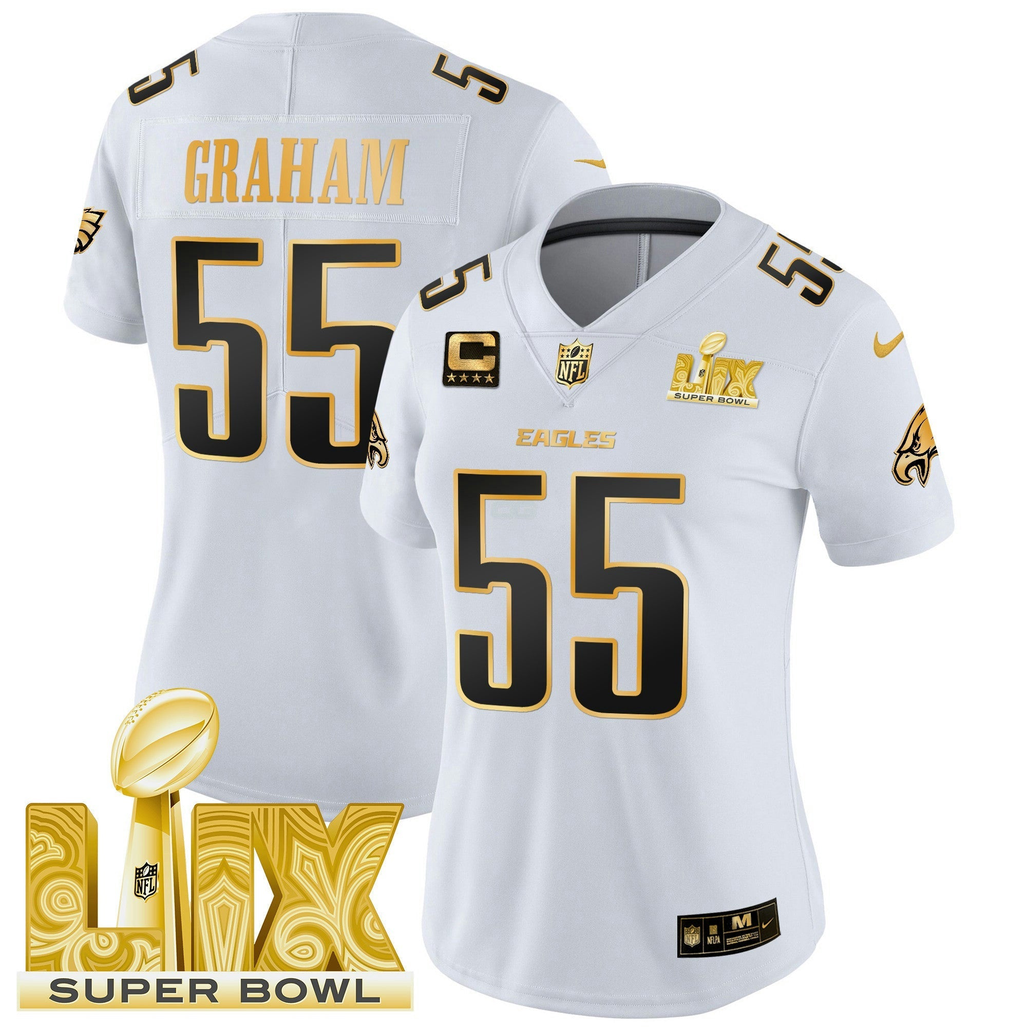 Camisa NFL Women’s Philadelphia Super Bowl LIX Patch Dourada Vapor Limited Jersey