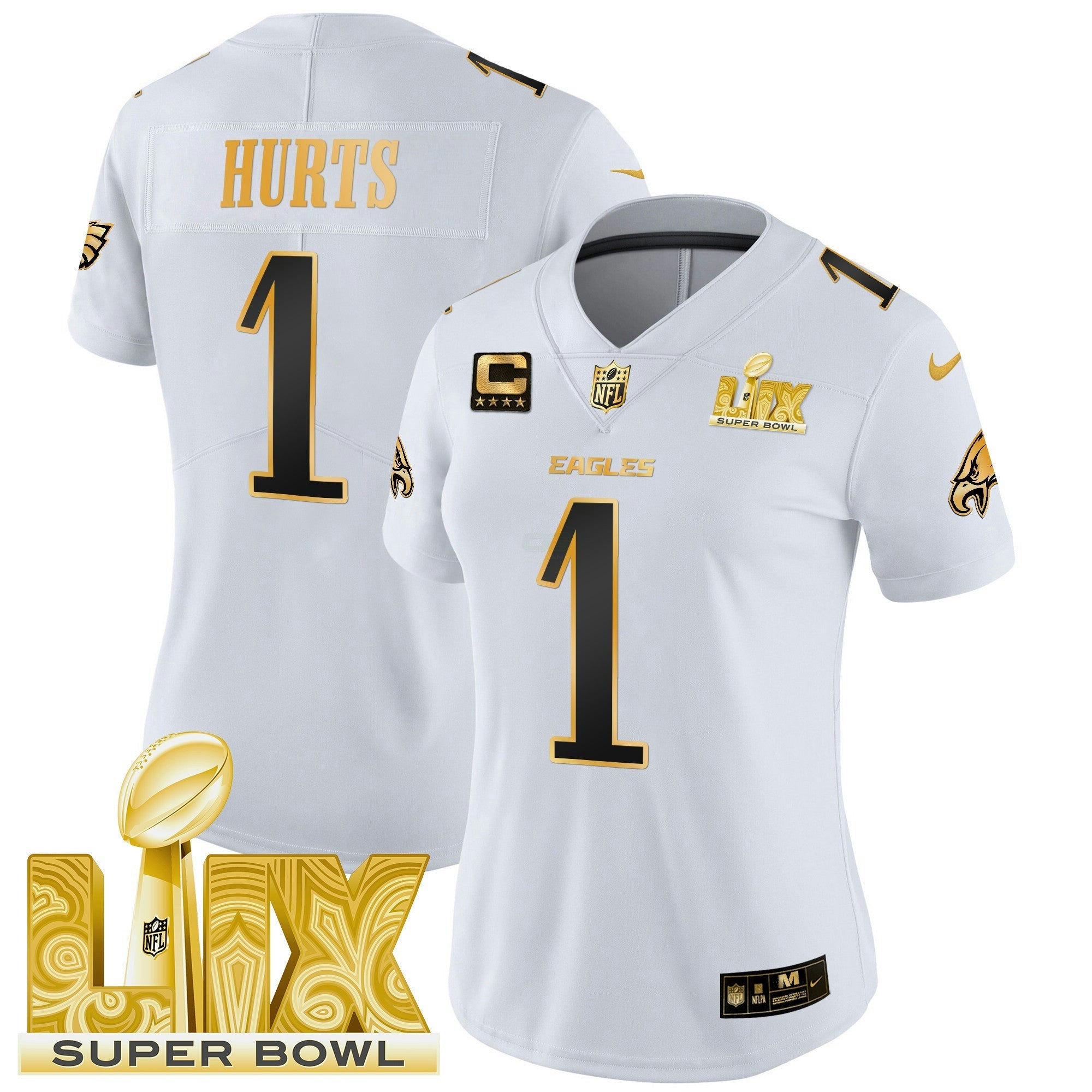 Camisa NFL Women’s Philadelphia Super Bowl LIX Patch Dourada Vapor Limited Jersey