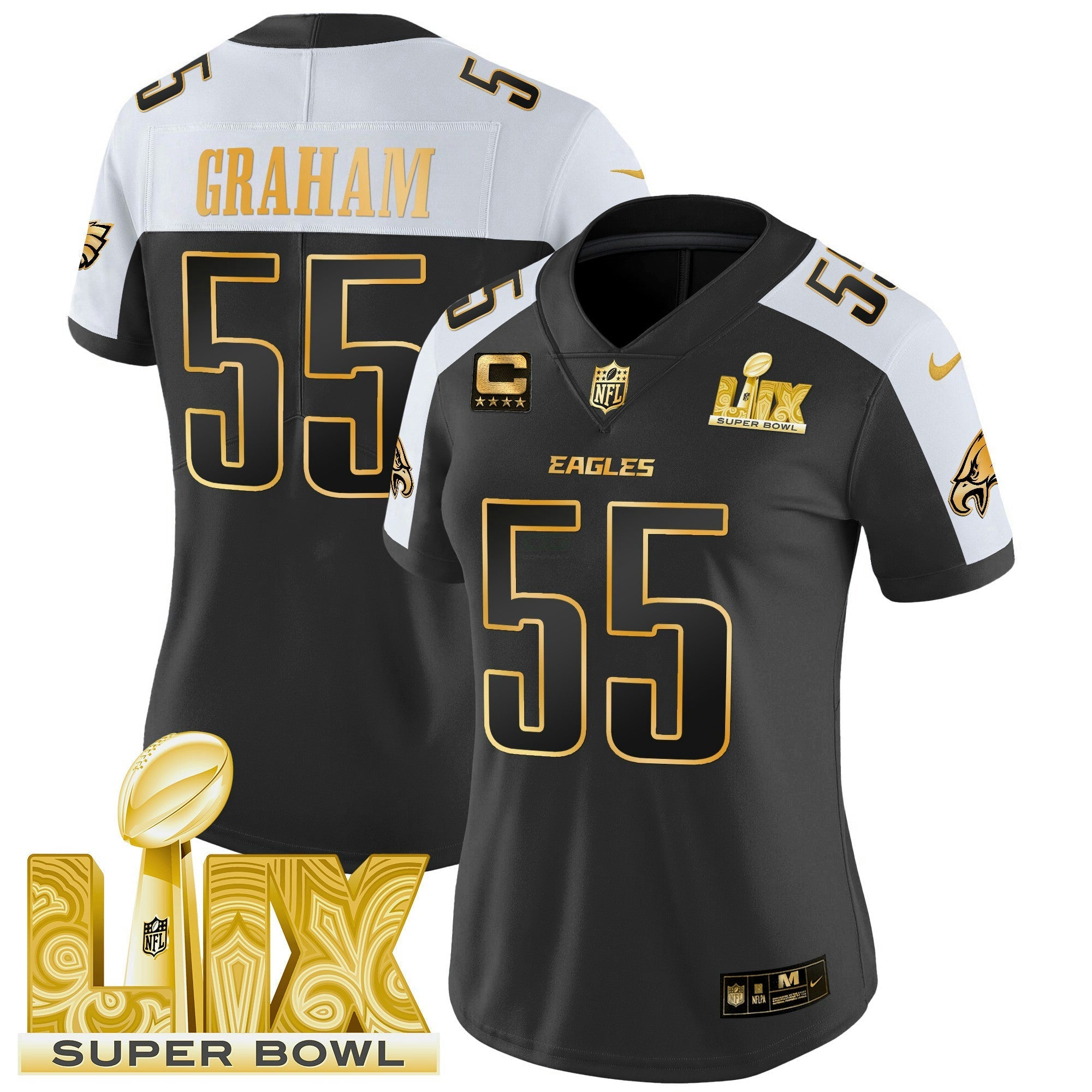 Camisa NFL Women’s Philadelphia Super Bowl LIX Patch Dourada Vapor Limited Jersey
