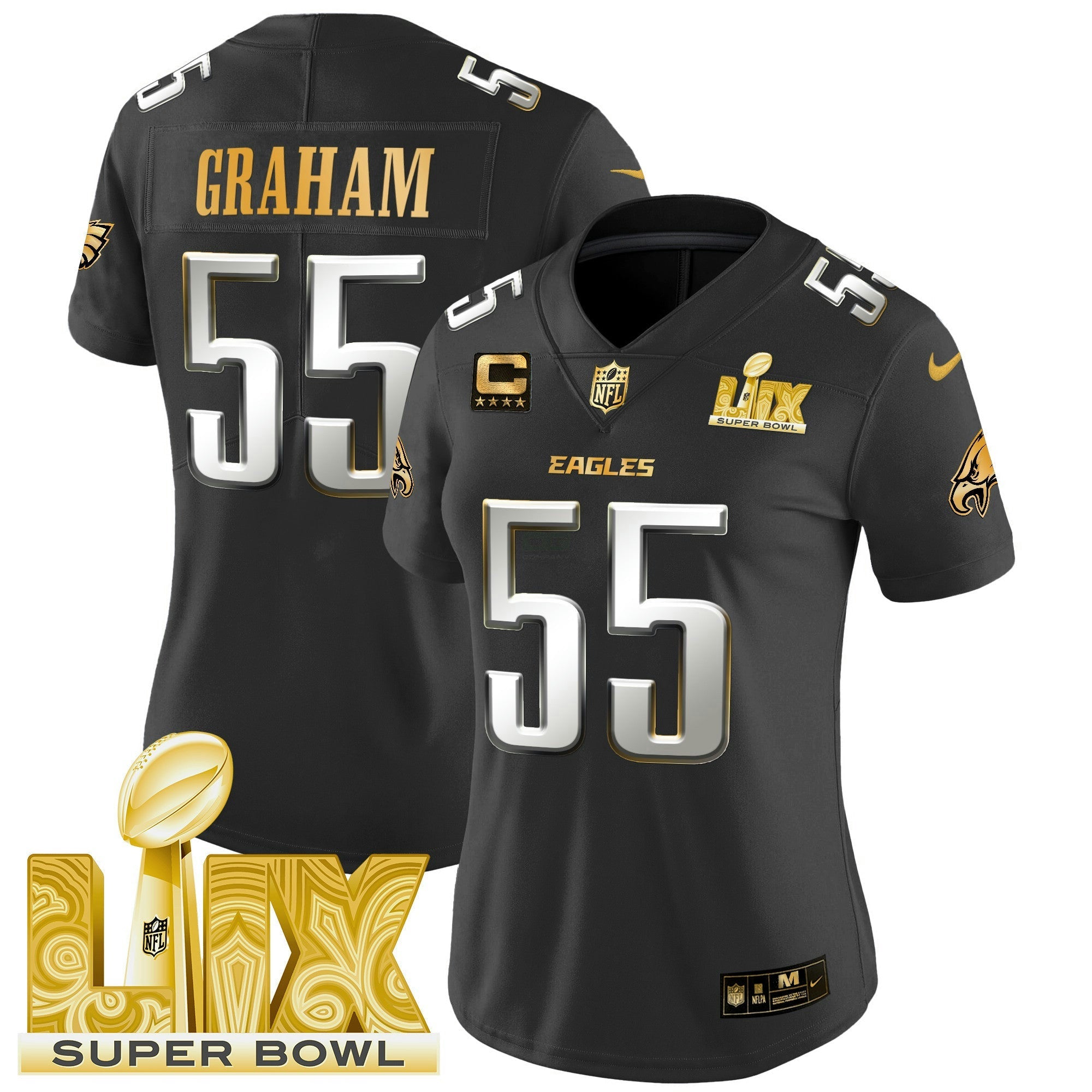 Camisa NFL Women’s Philadelphia Super Bowl LIX Patch Dourada Vapor Limited Jersey