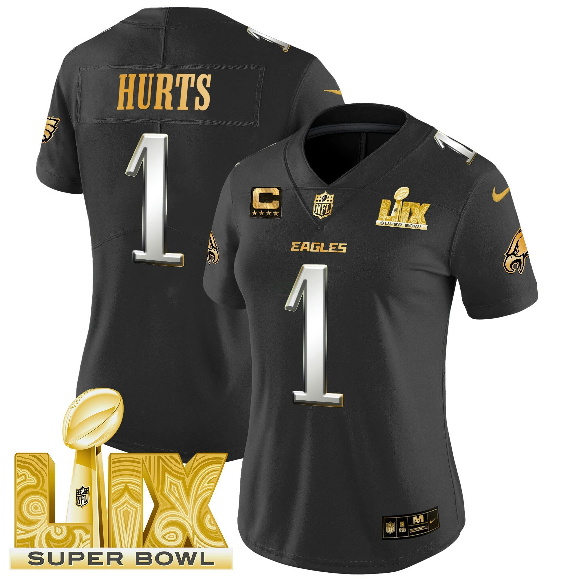 Camisa NFL Women’s Philadelphia Super Bowl LIX Patch Dourada Vapor Limited Jersey