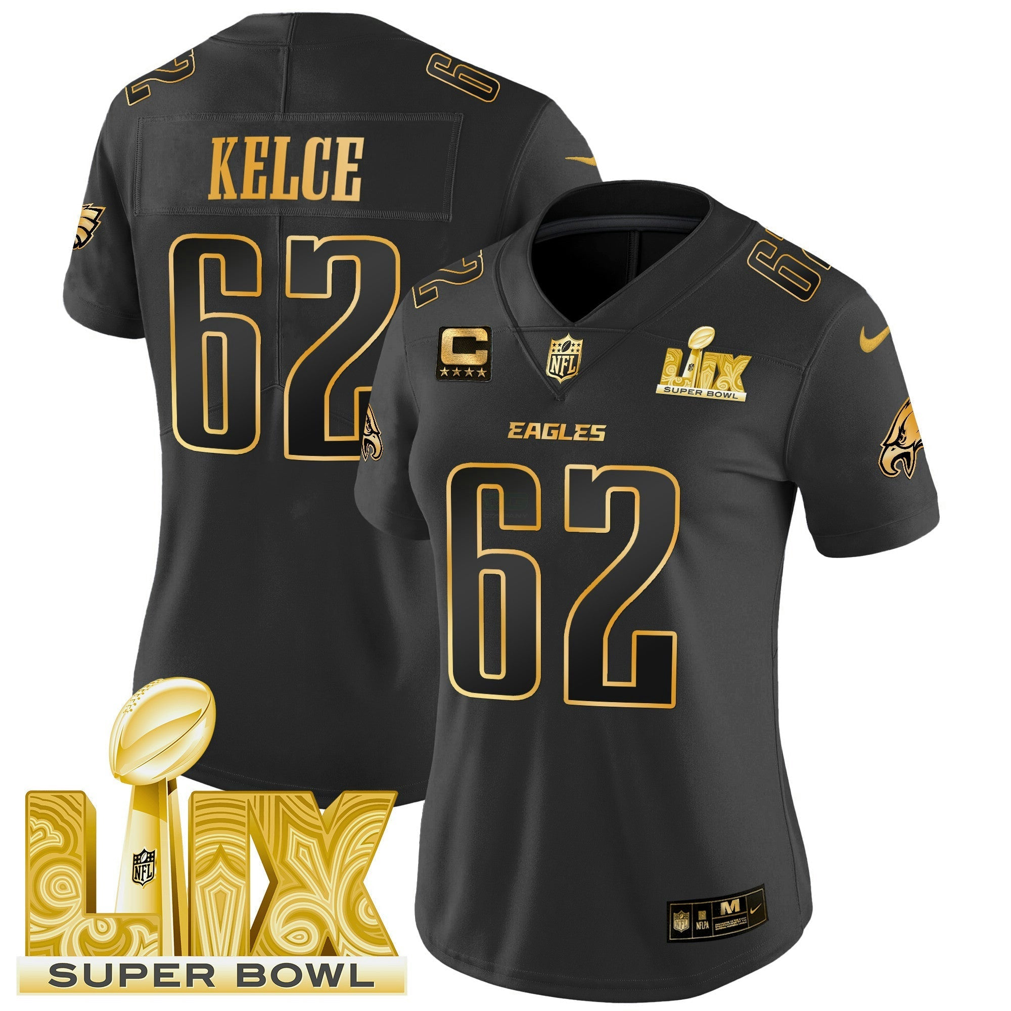 Camisa NFL Women’s Philadelphia Super Bowl LIX Patch Dourada Vapor Limited Jersey