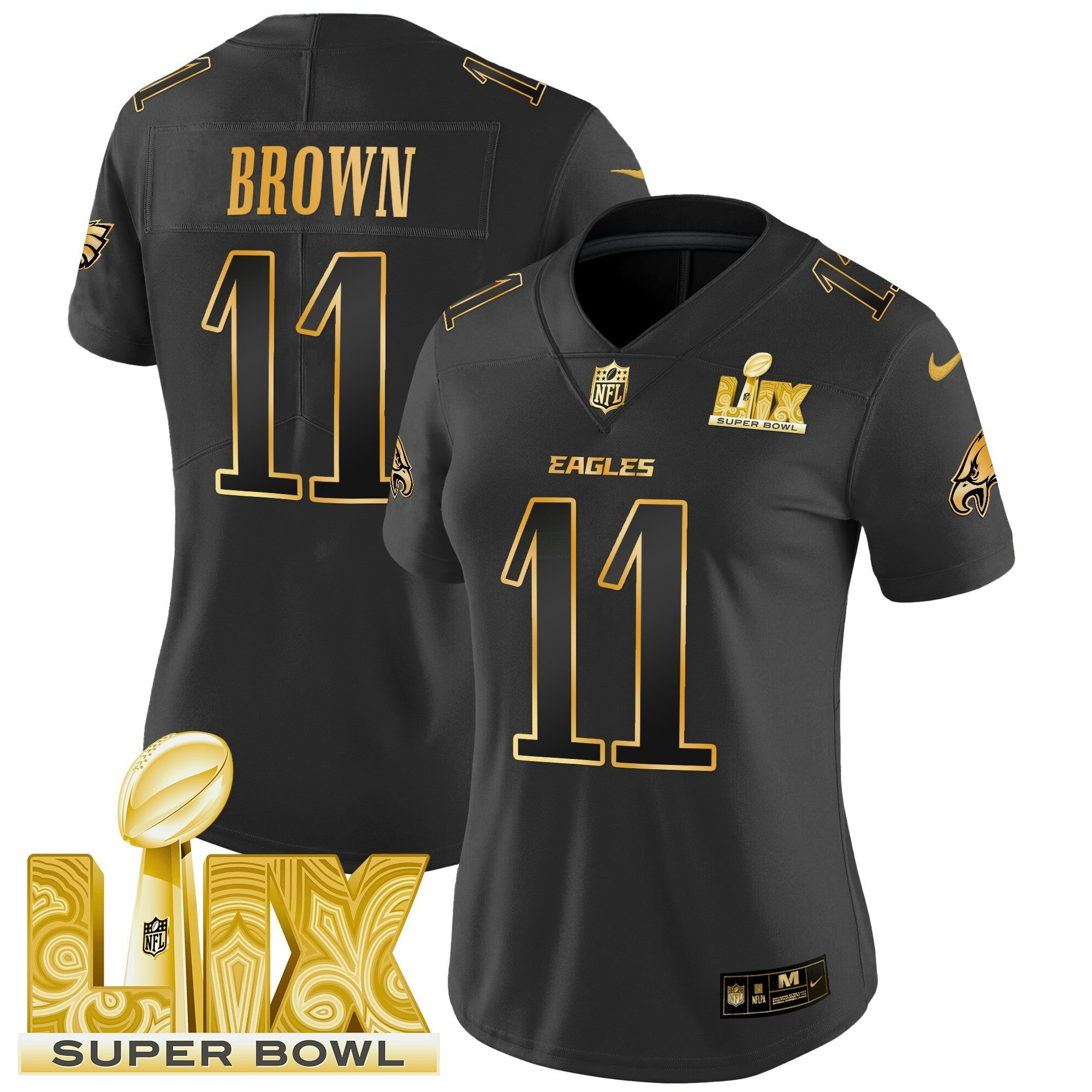 Camisa NFL Women’s Philadelphia Super Bowl LIX Patch Dourada Vapor Limited Jersey