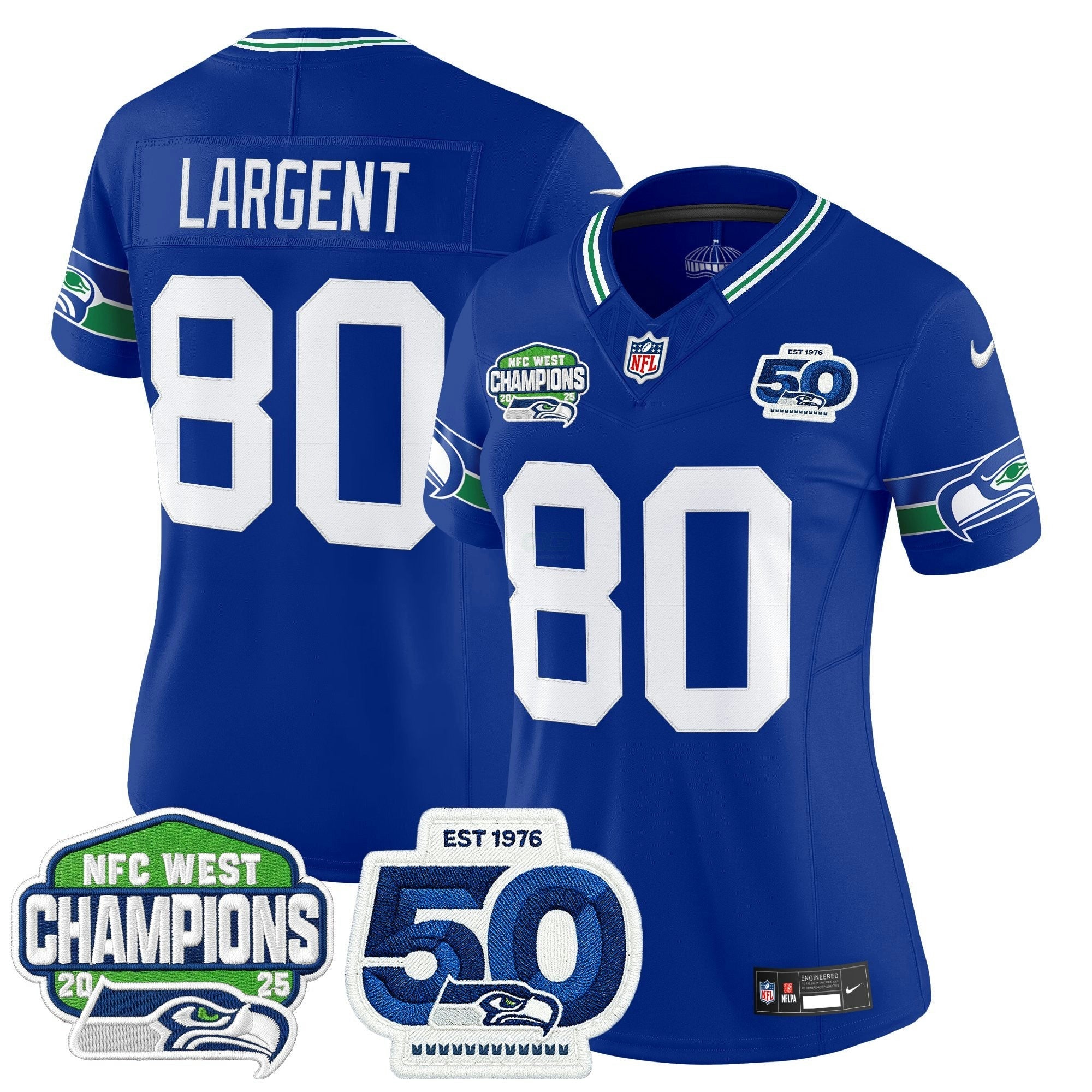 Camisa NFL Women’s Seattle 2025 NFC West Division Champions & 50th Anniversary Patch Vapor Limited Jersey
