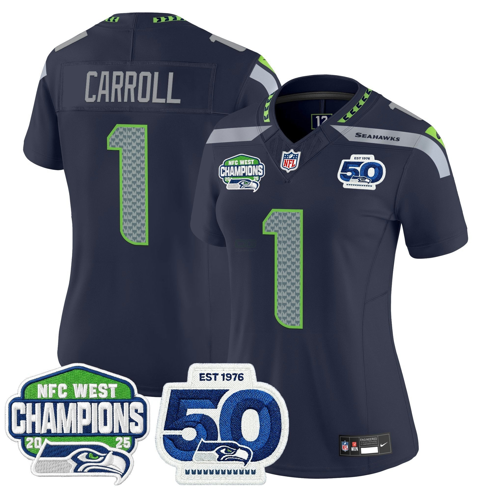 Camisa NFL Women’s Seattle 2025 NFC West Division Champions & 50th Anniversary Patch Vapor Limited Jersey
