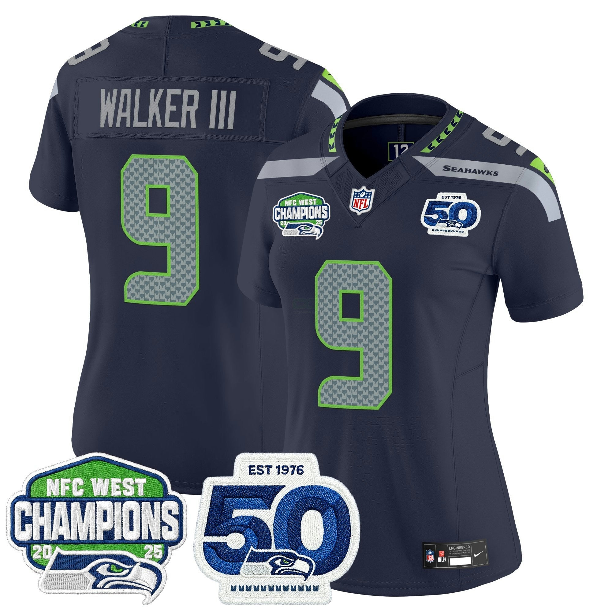 Camisa NFL Women’s Seattle 2025 NFC West Division Champions & 50th Anniversary Patch Vapor Limited Jersey