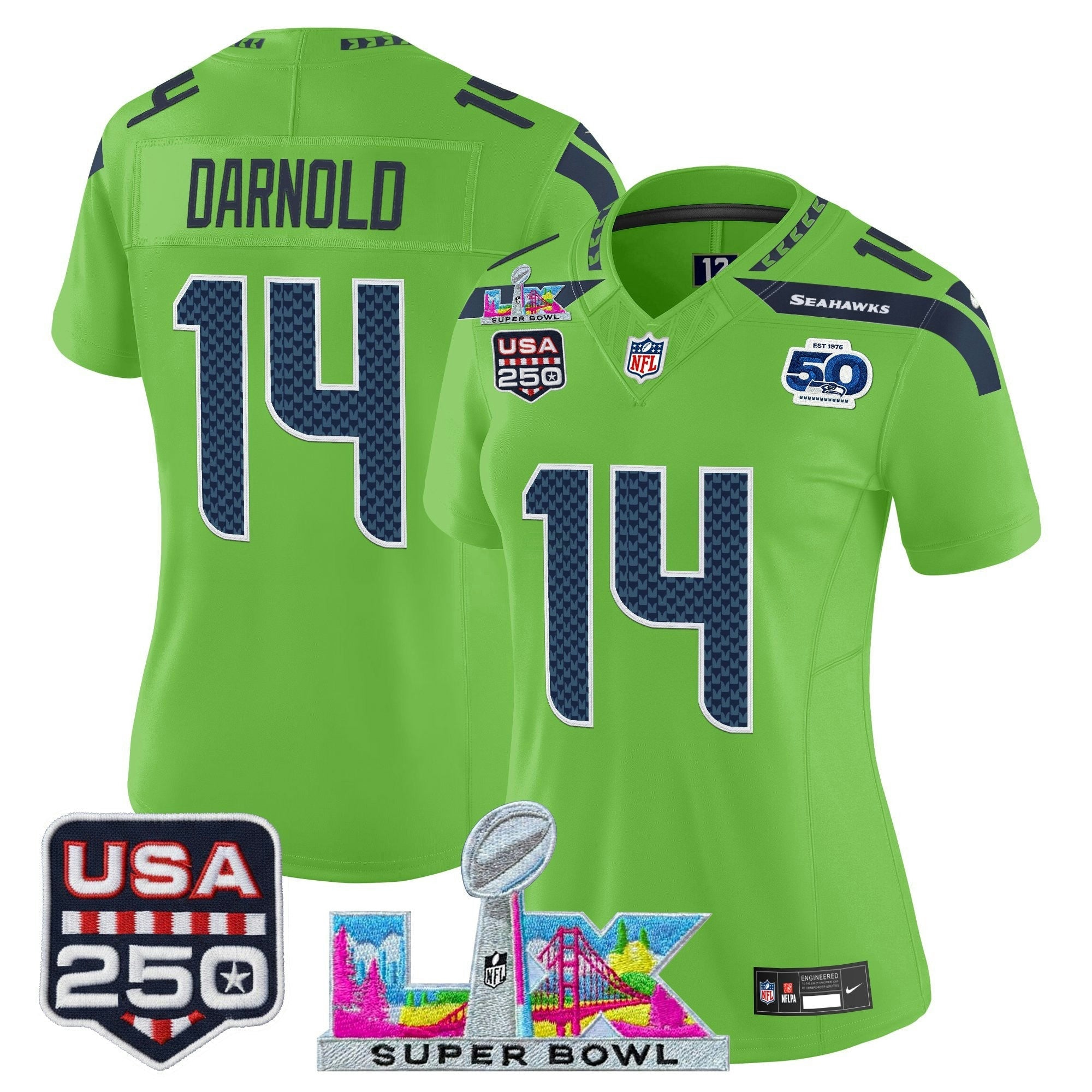 Camisa NFL Women’s Seattle “Super Bowl LX & United States 250th Anniversary Patch” Vapor Limited Jersey