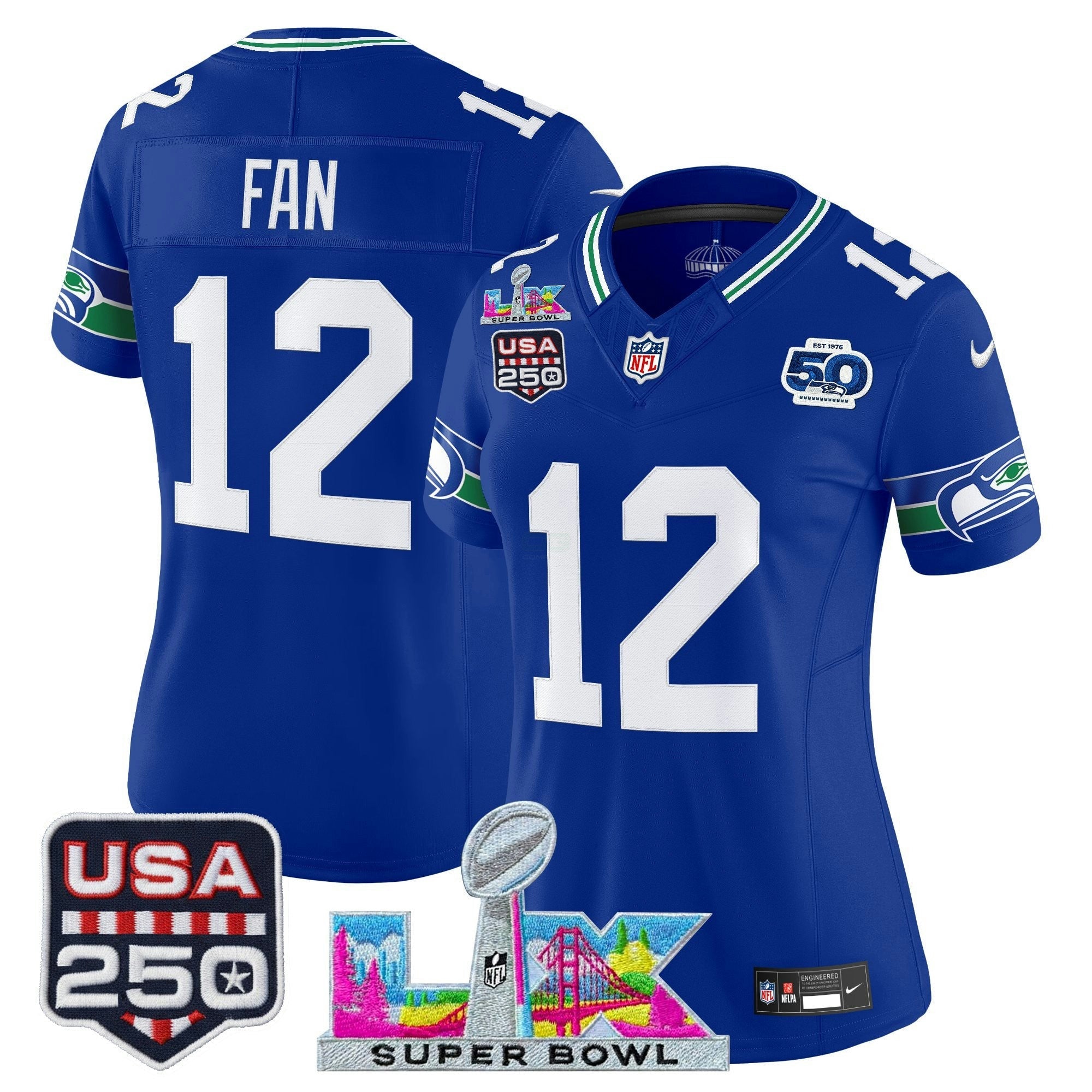 Camisa NFL Women’s Seattle “Super Bowl LX & United States 250th Anniversary Patch” Vapor Limited Jersey
