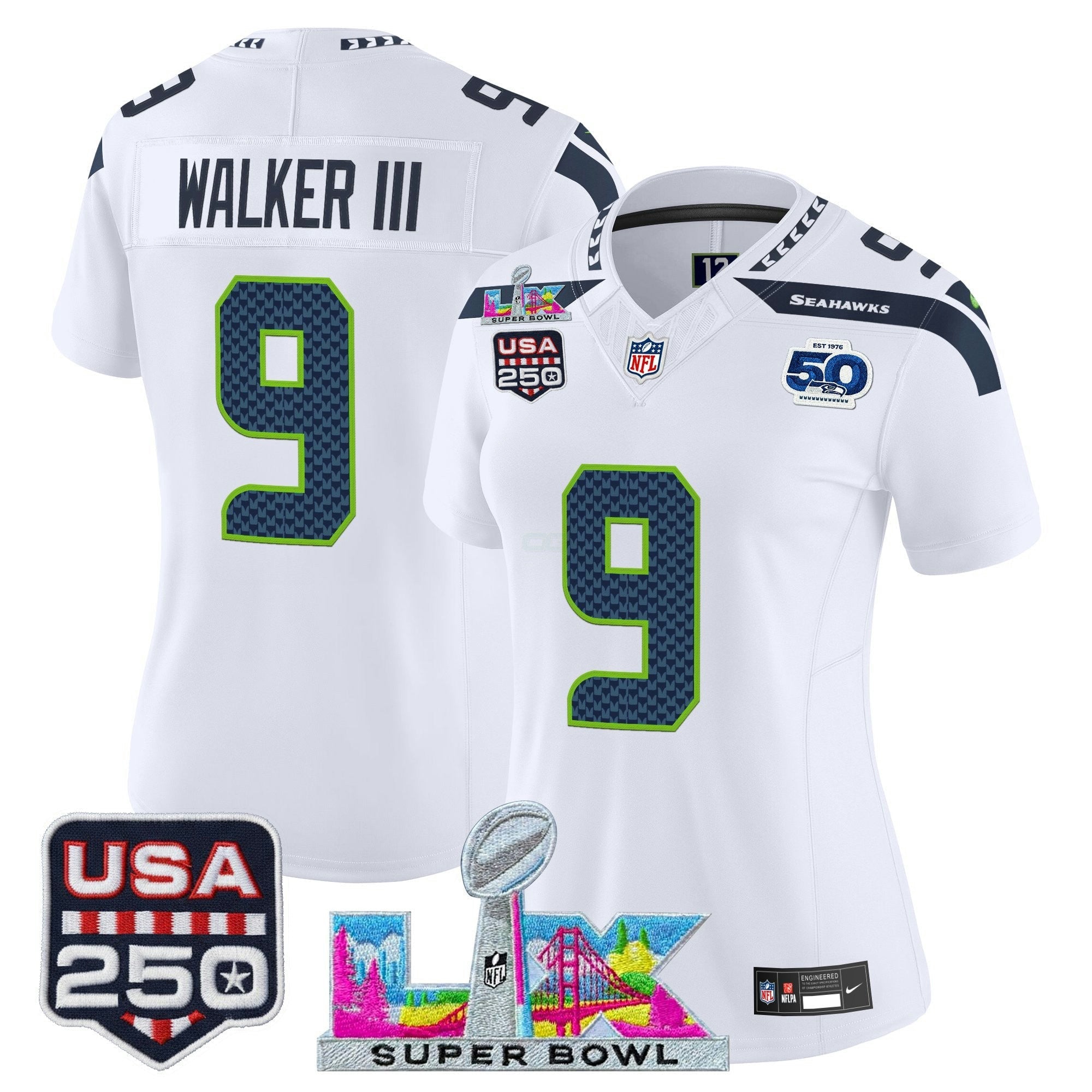 Camisa NFL Women’s Seattle “Super Bowl LX & United States 250th Anniversary Patch” Vapor Limited Jersey