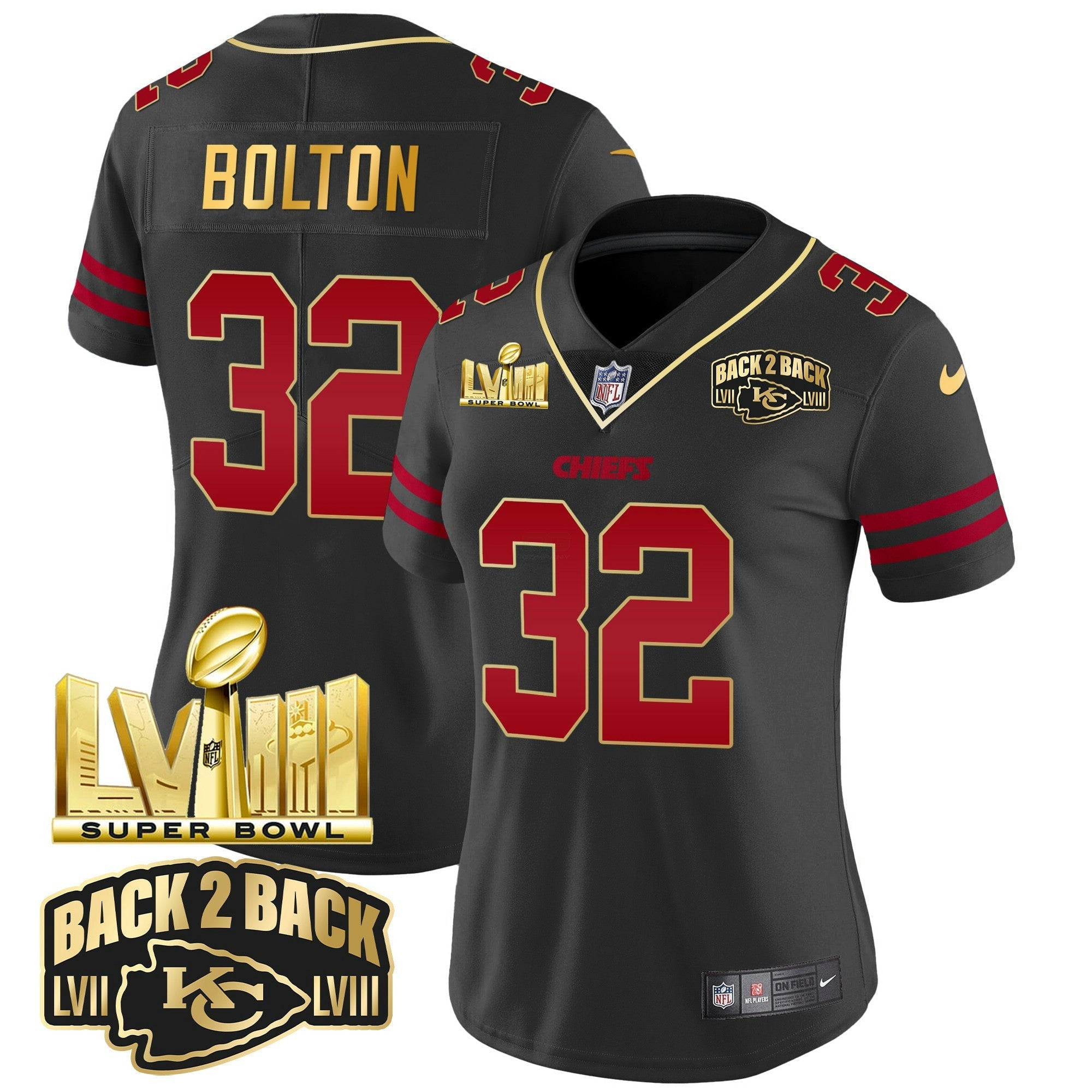 Camisa NFL Women’s Super Bowl LVIII & Back 2 Back Gold Patch Vapor Jersey