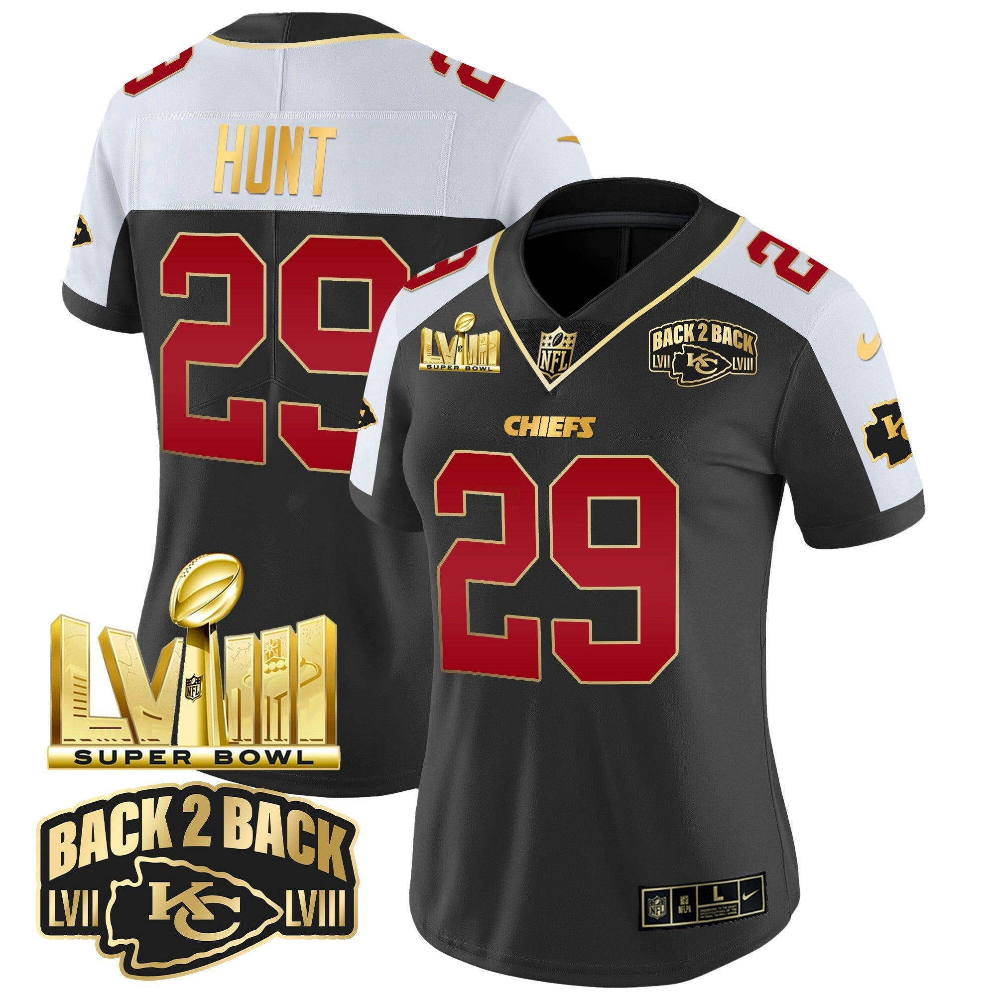 Camisa NFL Women’s Super Bowl LVIII & Back 2 Back Gold Patch Vapor Jersey
