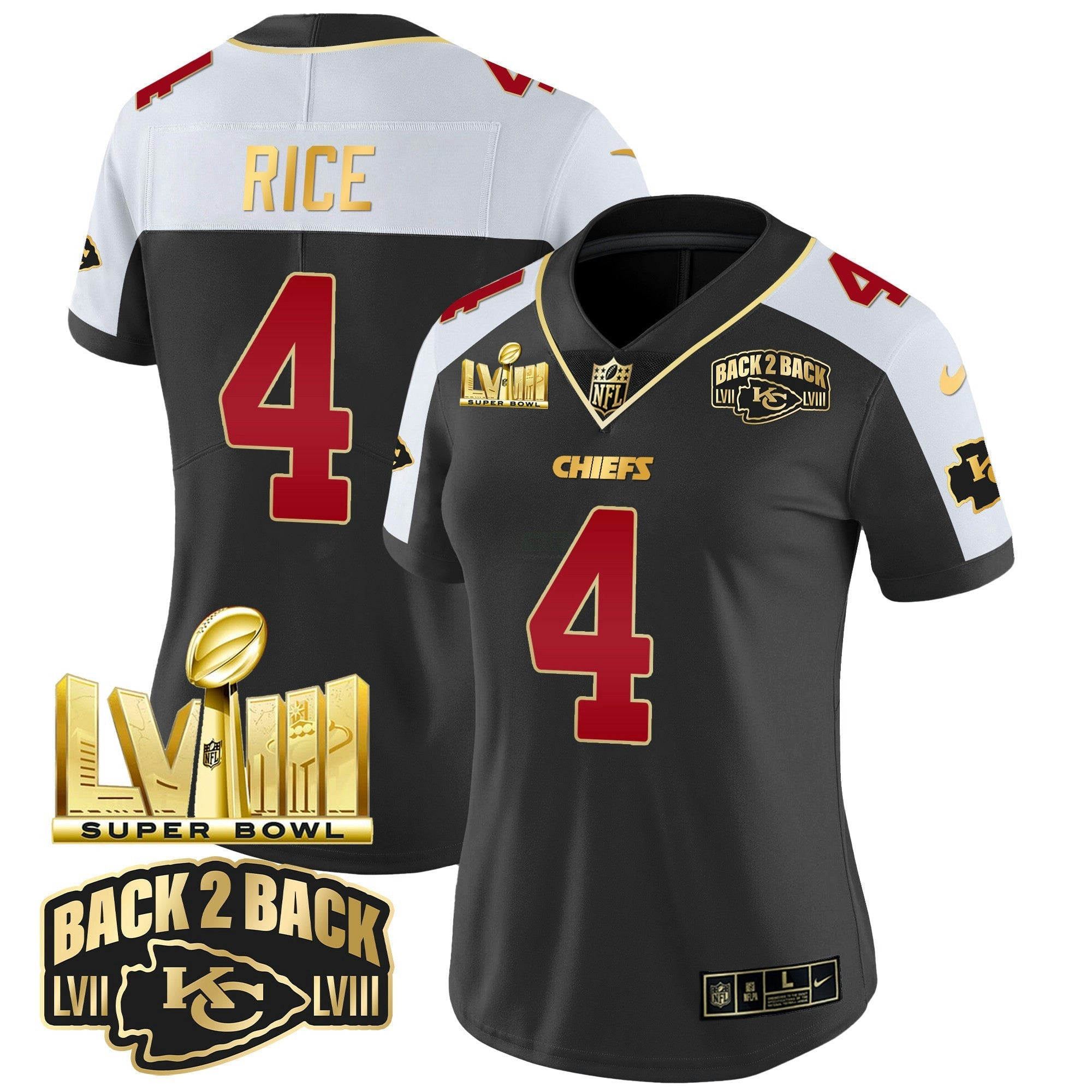 Camisa NFL Women’s Super Bowl LVIII & Back 2 Back Gold Patch Vapor Jersey