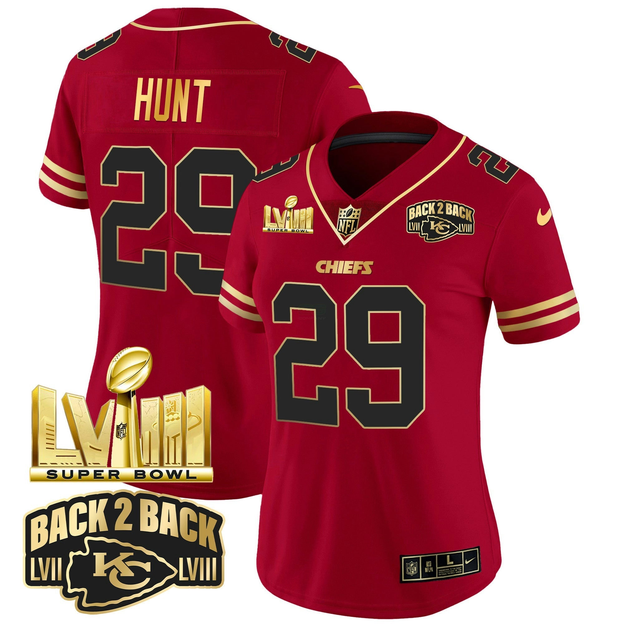 Camisa NFL Women’s Super Bowl LVIII & Back 2 Back Gold Patch Vapor Jersey